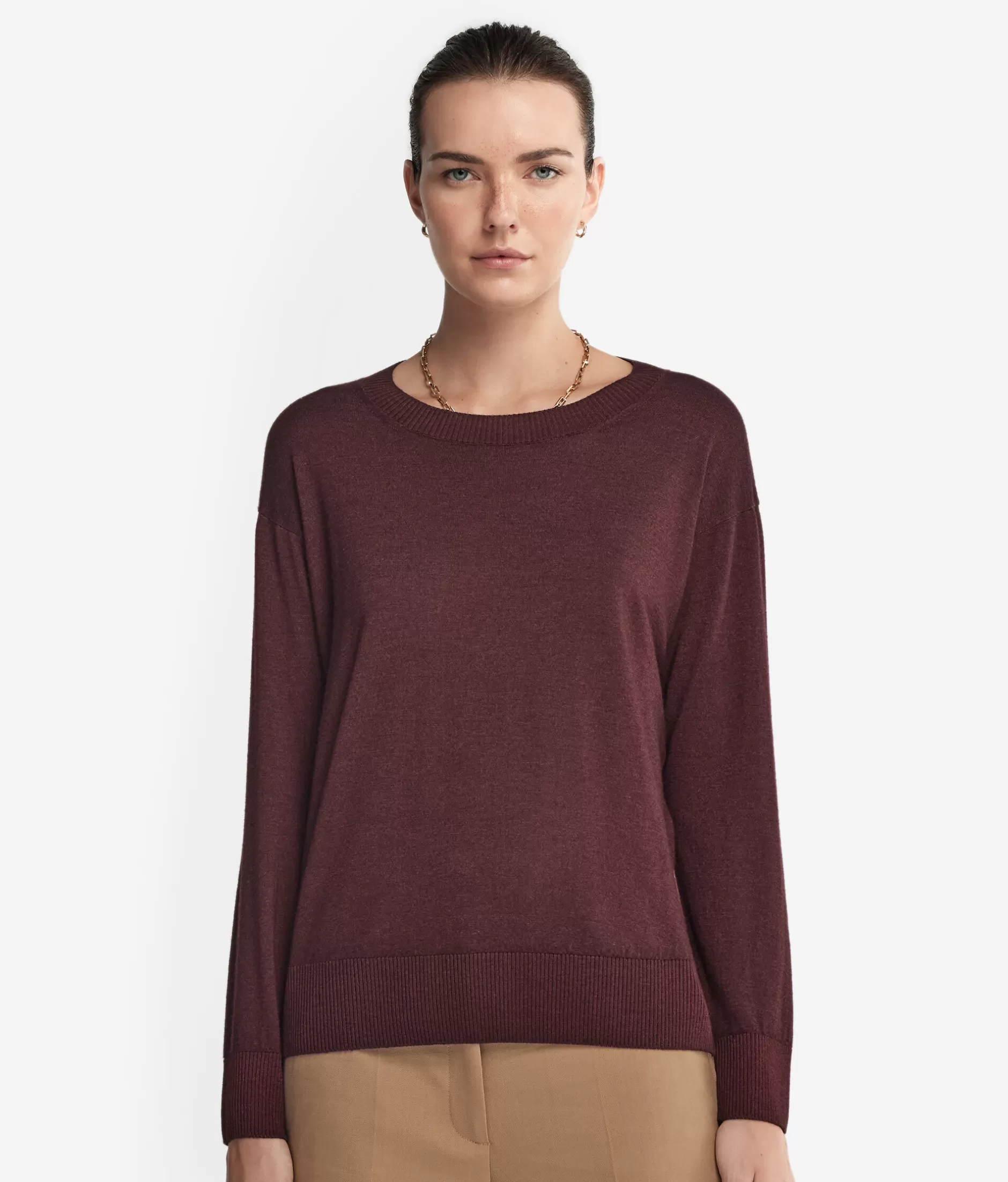 Online Falconeri Cashmere Crew Neck Sweater With Slits burgundy -9073 - garment-dyed ebony