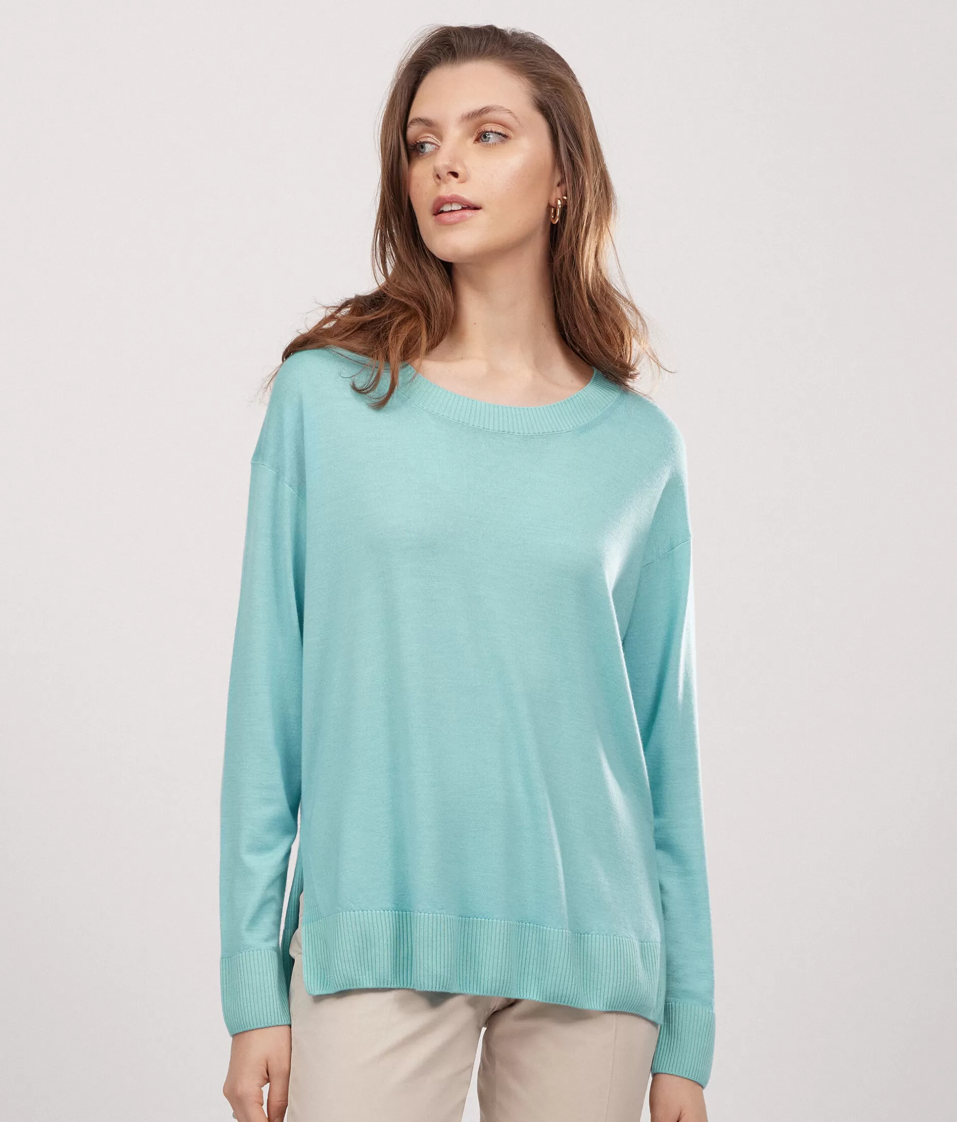 Best Falconeri Cashmere Crew Neck Sweater With Slits blue -8980 - garment-dyed sea