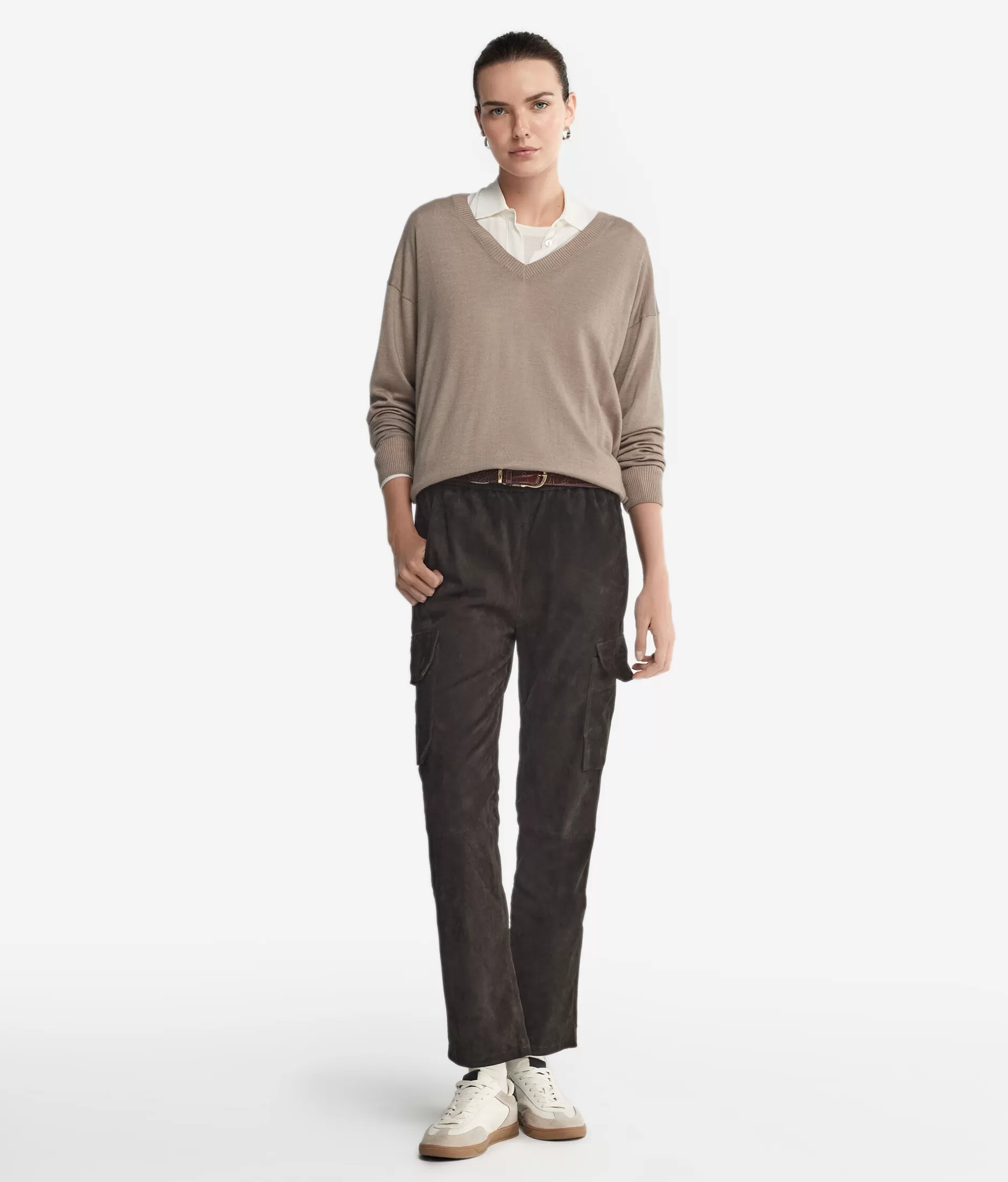 Shop Falconeri Cashmere V-Neck Sweater With Slits dark grey -9074 - garment-dyed dark stone