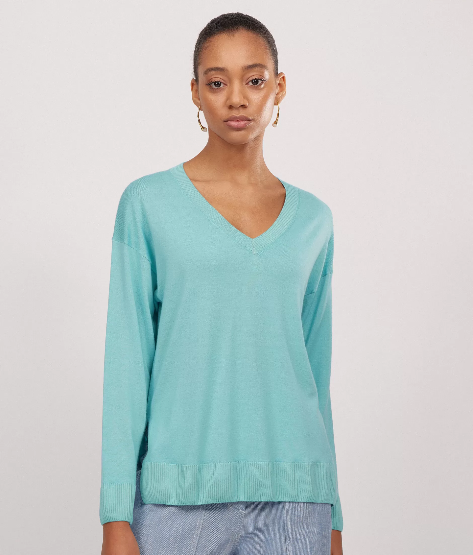 Best Sale Falconeri Cashmere V-Neck Sweater With Slits blue -8980 - garment-dyed sea