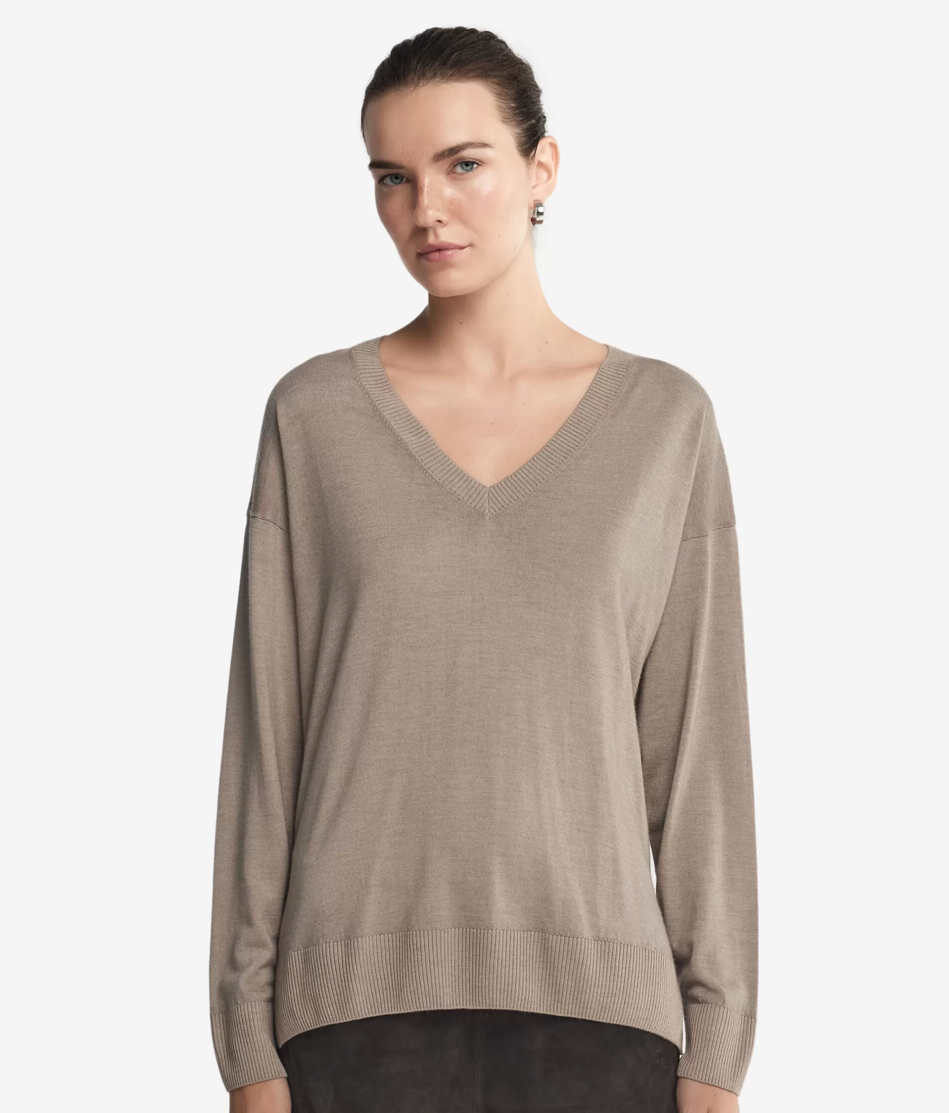 Shop Falconeri Cashmere V-Neck Sweater With Slits dark grey -9074 - garment-dyed dark stone