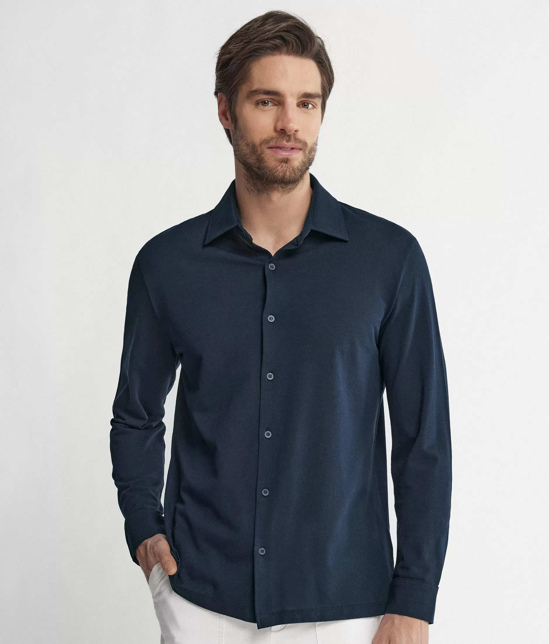 Best Sale Falconeri Cotton And Silk Piqué Shirt With Long Sleeves blue -8019 - blue