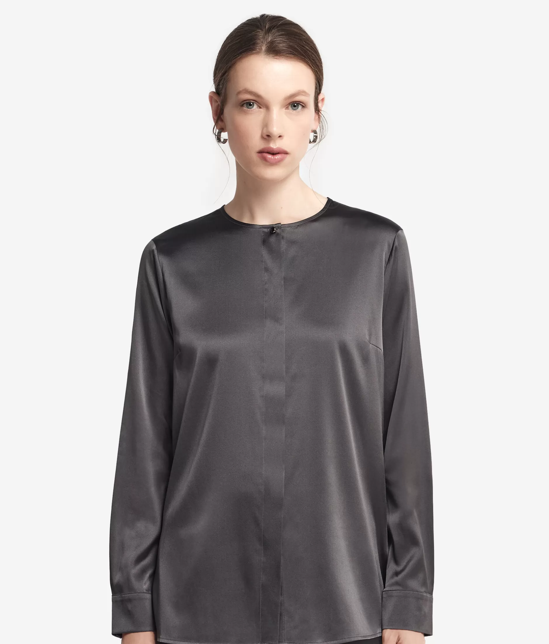 Fashion Falconeri Crewneck Blouse In Silk Satin dark grey -9070 - ash