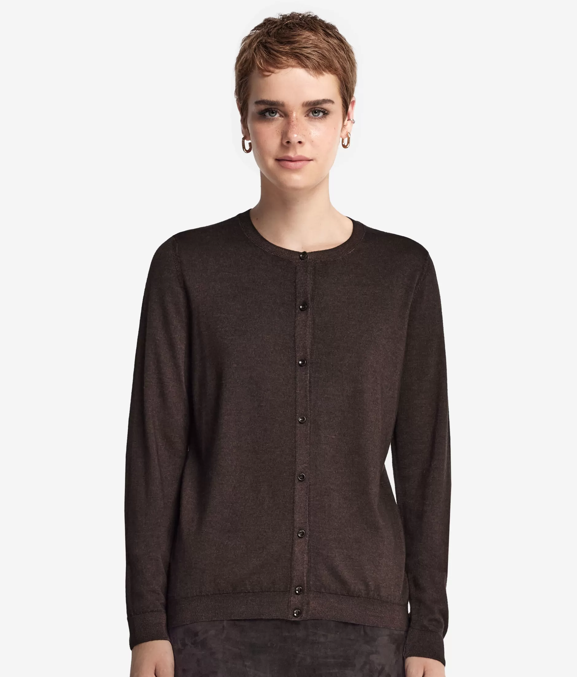 Clearance Falconeri Crewneck Cardigan In Ultrafine Cashmere brown -9064 - garment-dyed chocolate