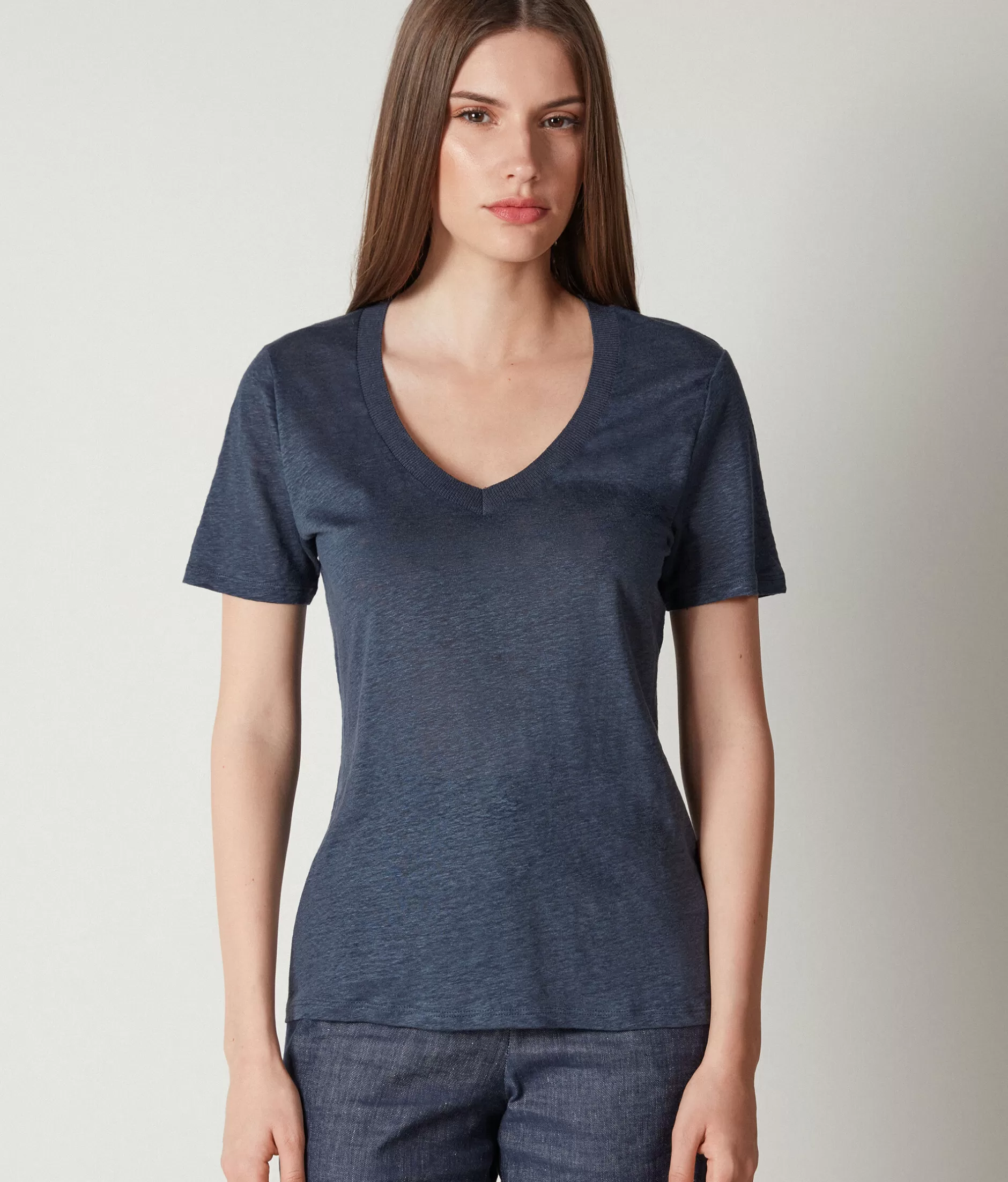 Clearance Falconeri Linen V-neck T-shirt With Knitted Edge blue -8019 - blue