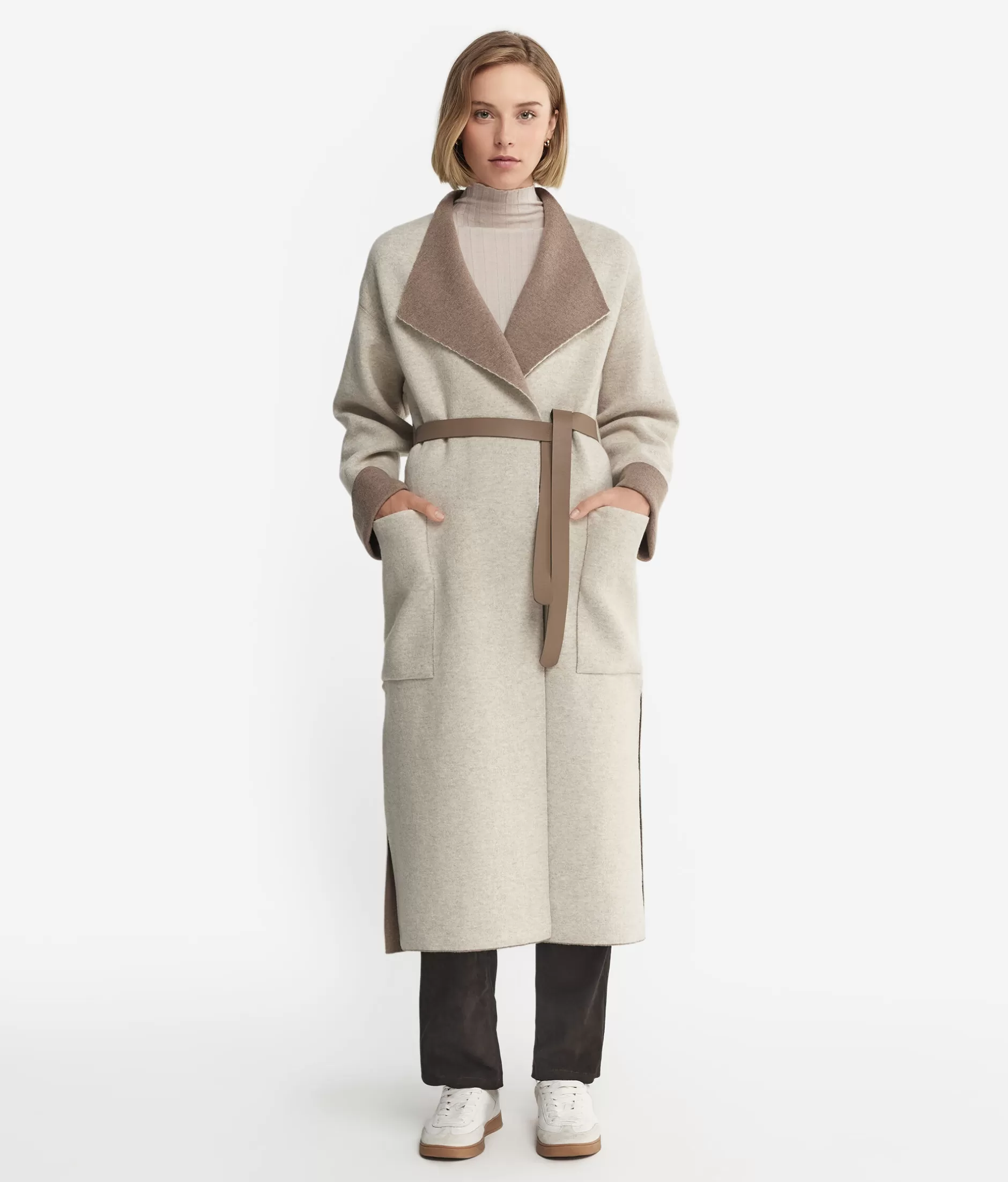 Shop Falconeri Long Cashmere Coat With Slits brown -9047 - stone/oatmeal