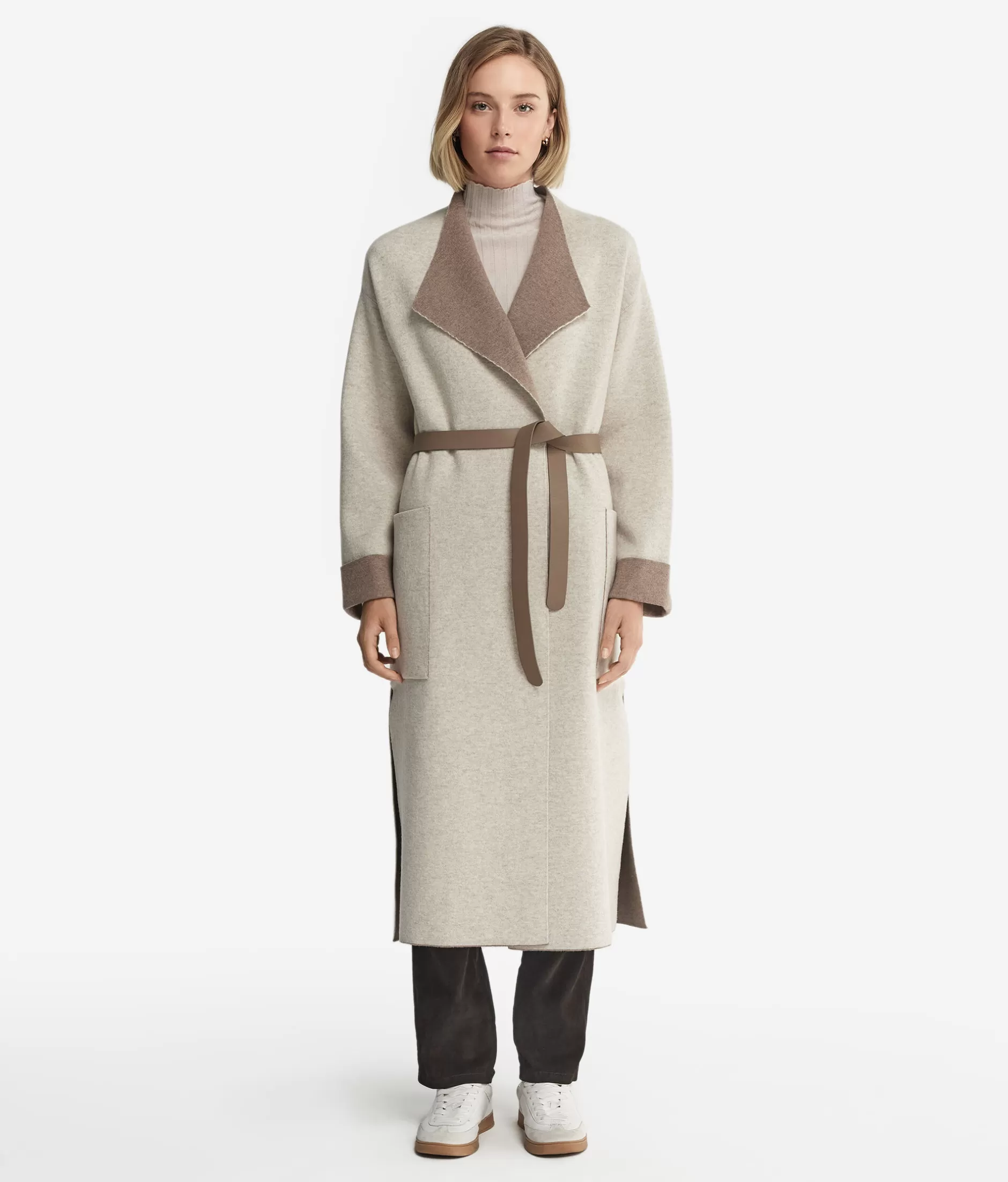 Shop Falconeri Long Cashmere Coat With Slits brown -9047 - stone/oatmeal