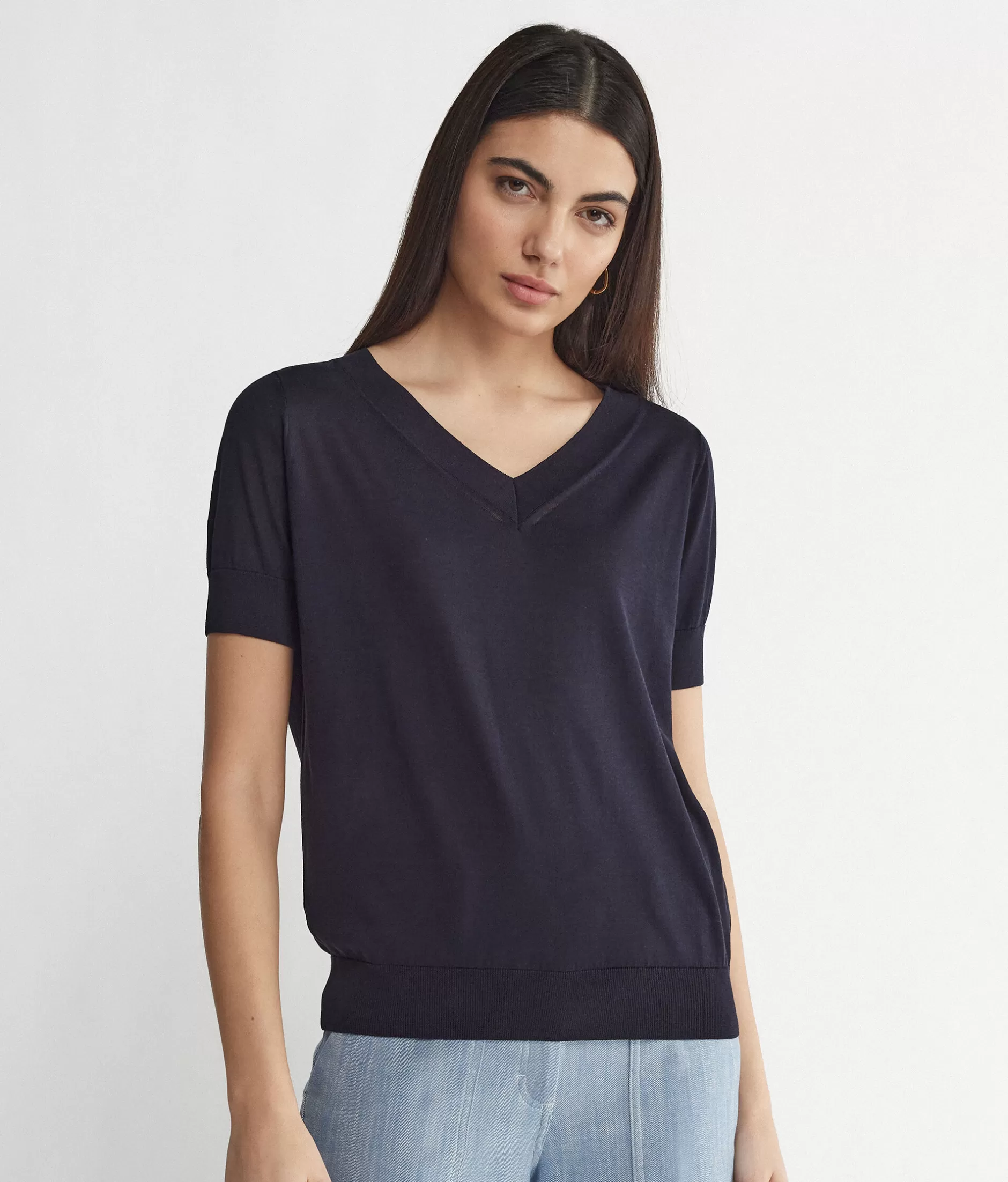 Discount Falconeri Silk And Cotton V-Neck Sweater With Short Sleeves blue -9400 - navy blue