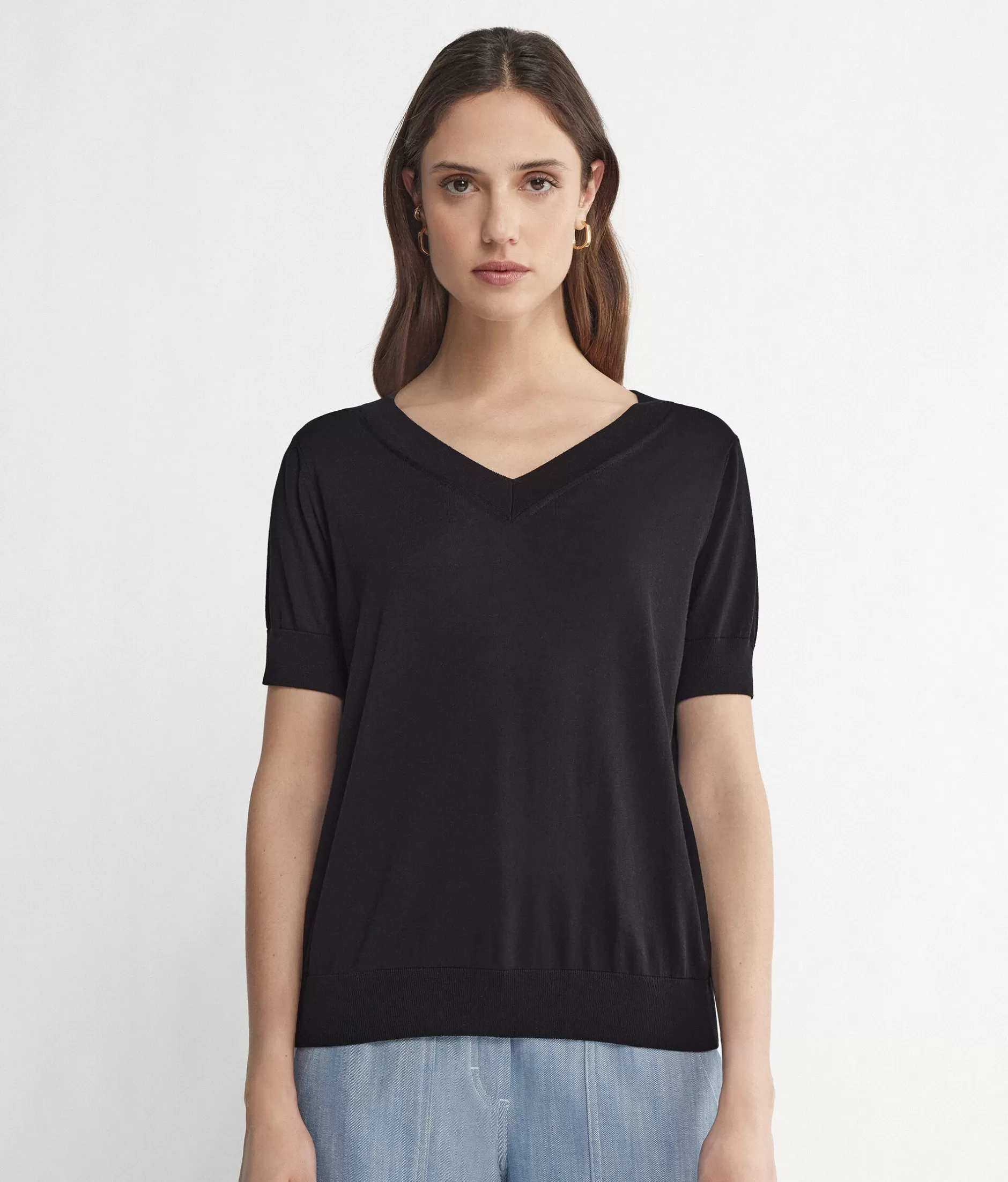 Sale Falconeri Silk And Cotton V-Neck Sweater With Short Sleeves black -9107 - black