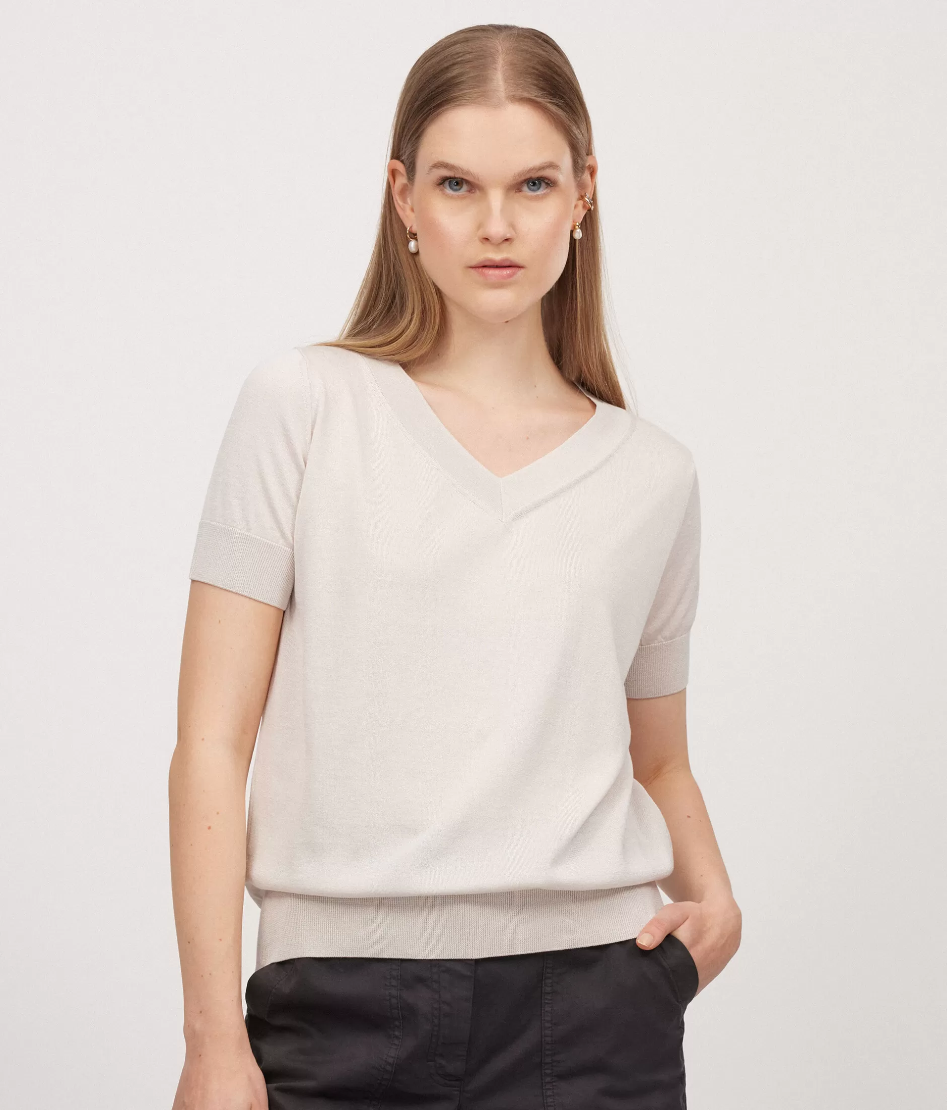 Fashion Falconeri Silk And Cotton V-Neck Sweater With Short Sleeves natural -8475 - salt