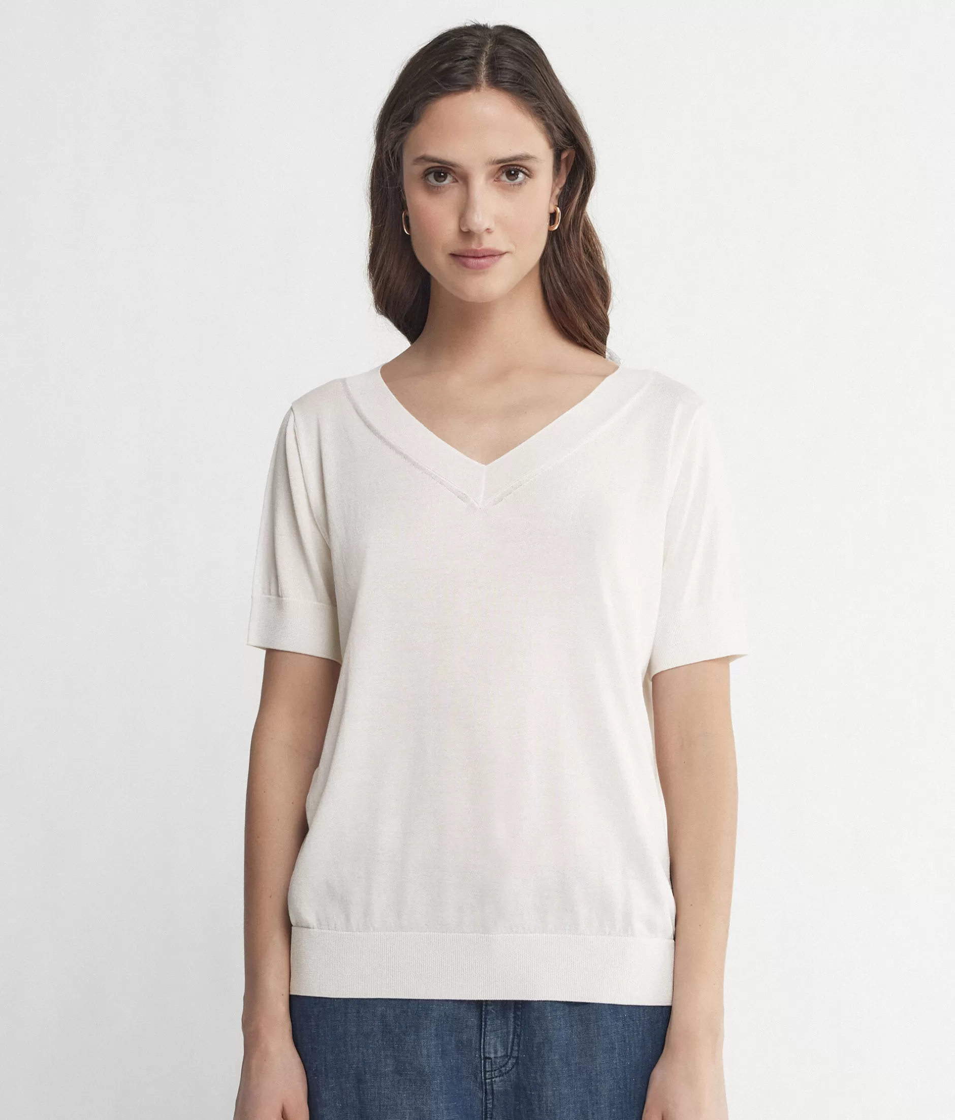 Online Falconeri Silk And Cotton V-Neck Sweater With Short Sleeves white -8078 - white