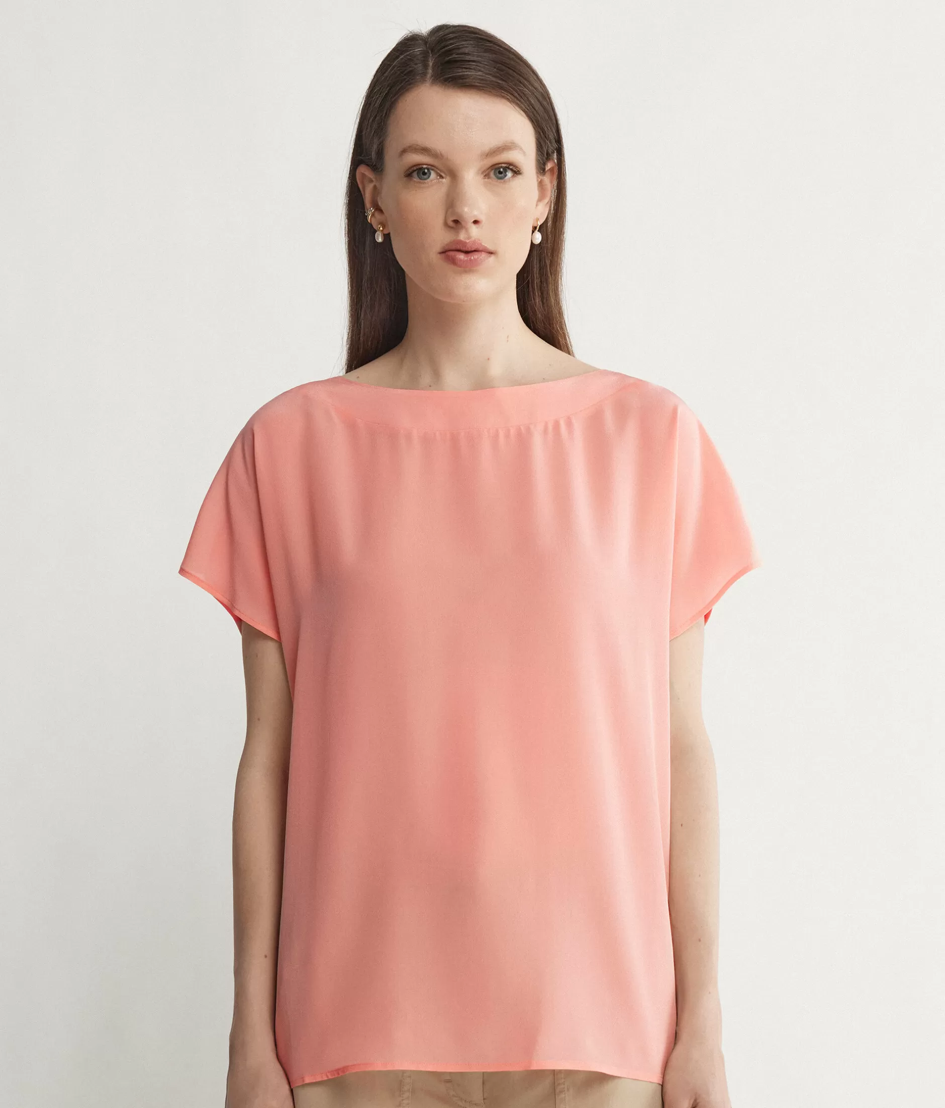 Best Sale Falconeri Silk And Modal Boatneck T-shirt pink -8986 - garment-dyed light peach pink