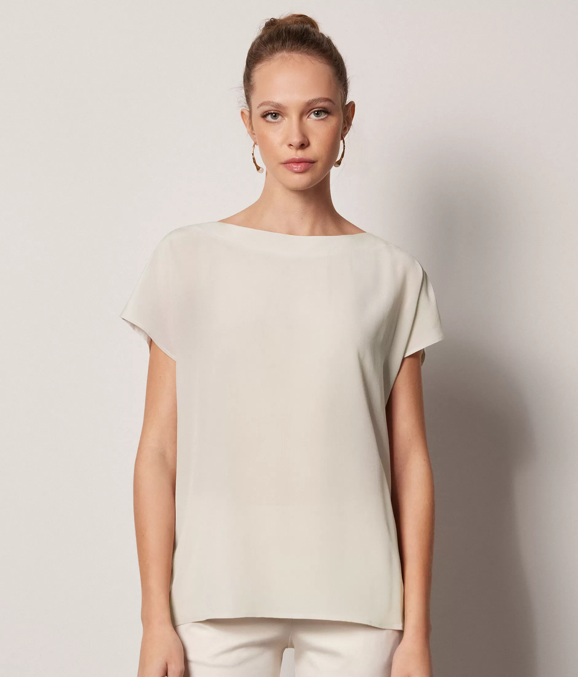 Store Falconeri Silk And Modal Boatneck T-shirt white -8356 - alabaster beige