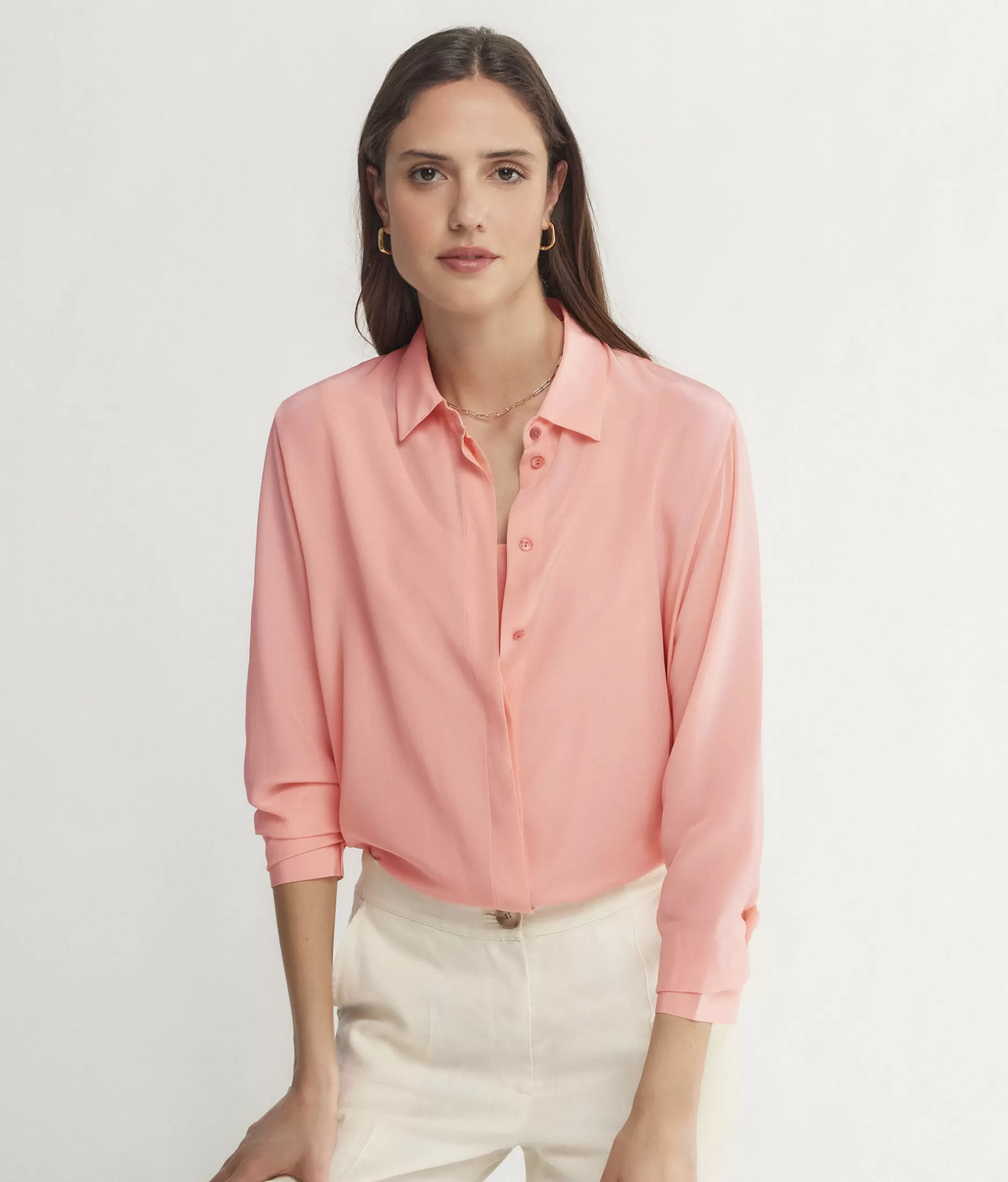 Online Falconeri Silk Blouse With Small Collar pink -8986 - garment-dyed light peach pink