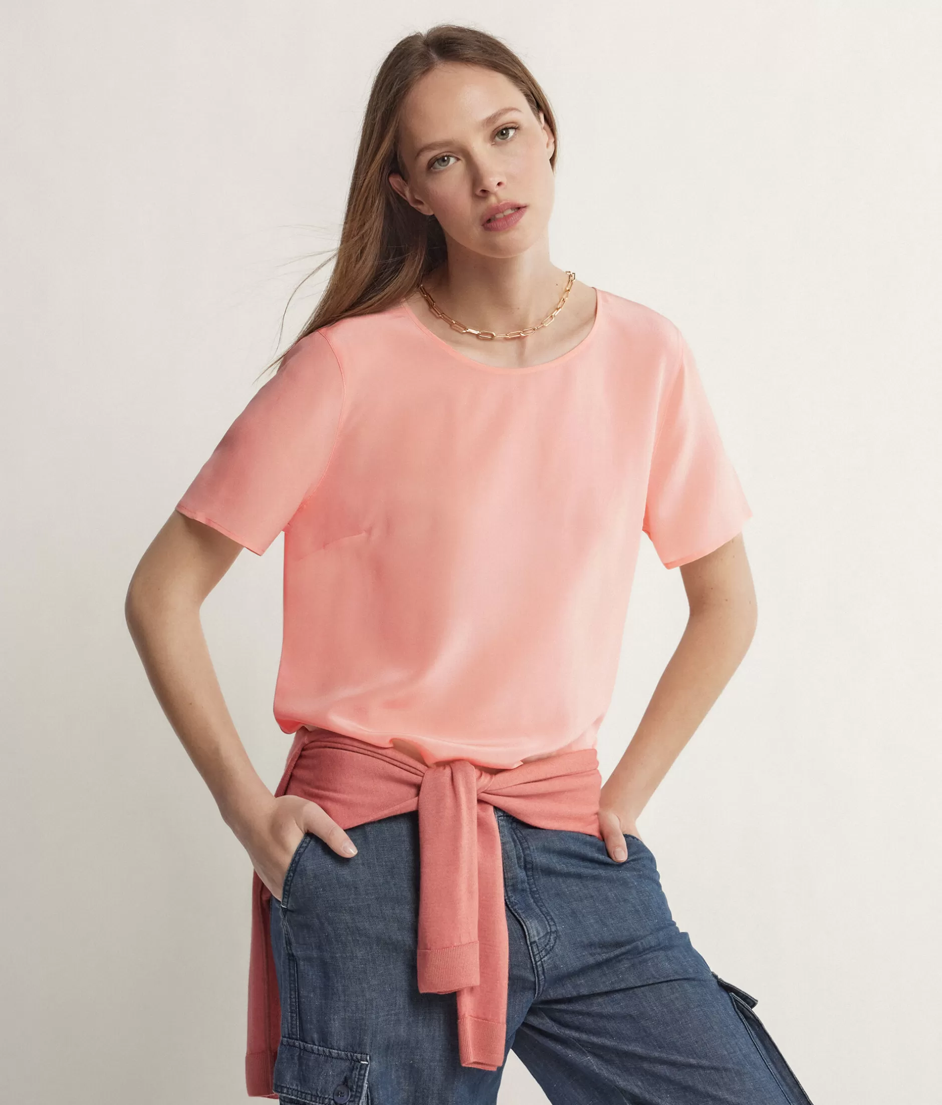 Sale Falconeri Silk Crewneck T-shirt pink -8986 - garment-dyed light peach pink