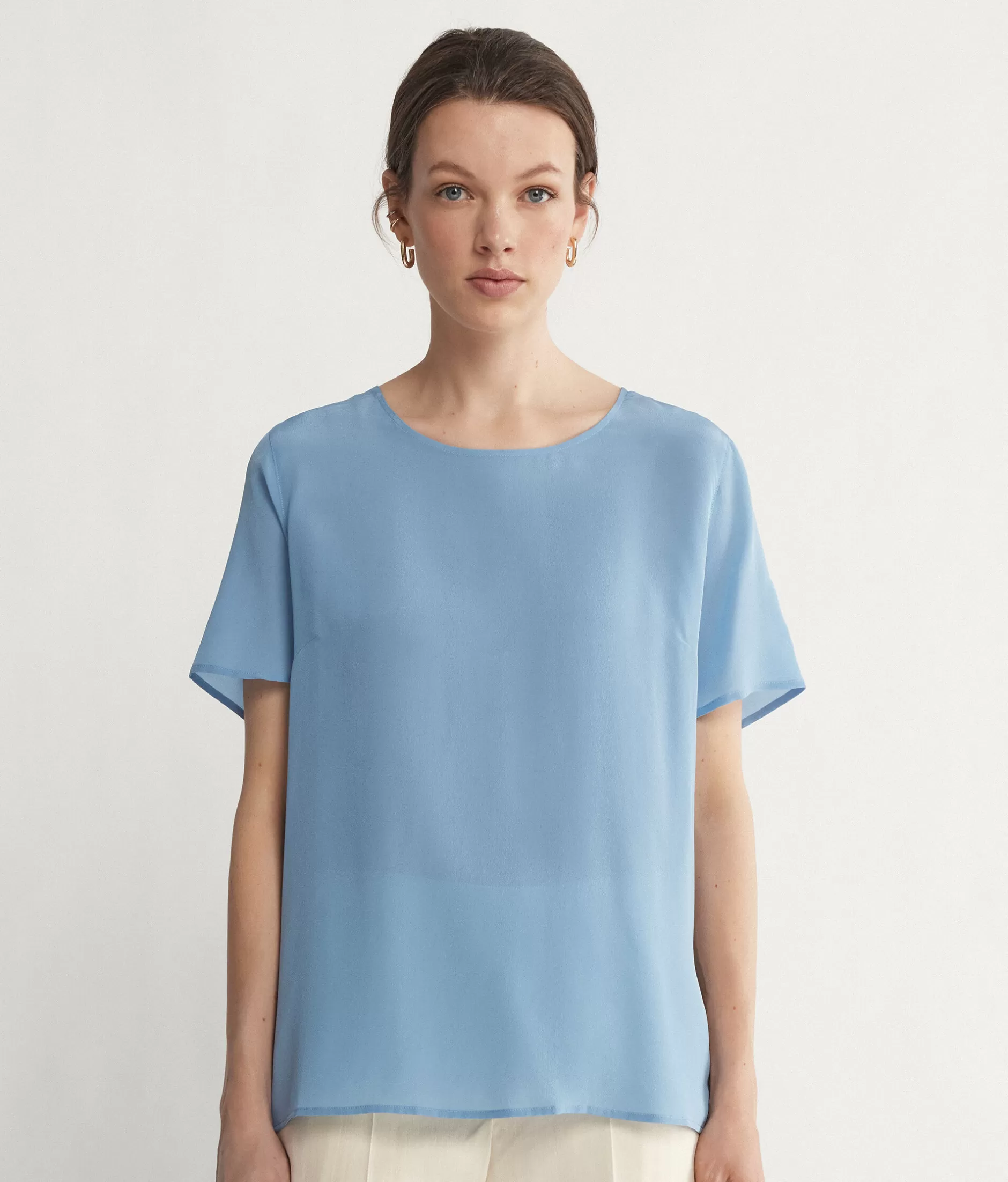 Shop Falconeri Silk Crewneck T-shirt light blue -9008 - light sky blue