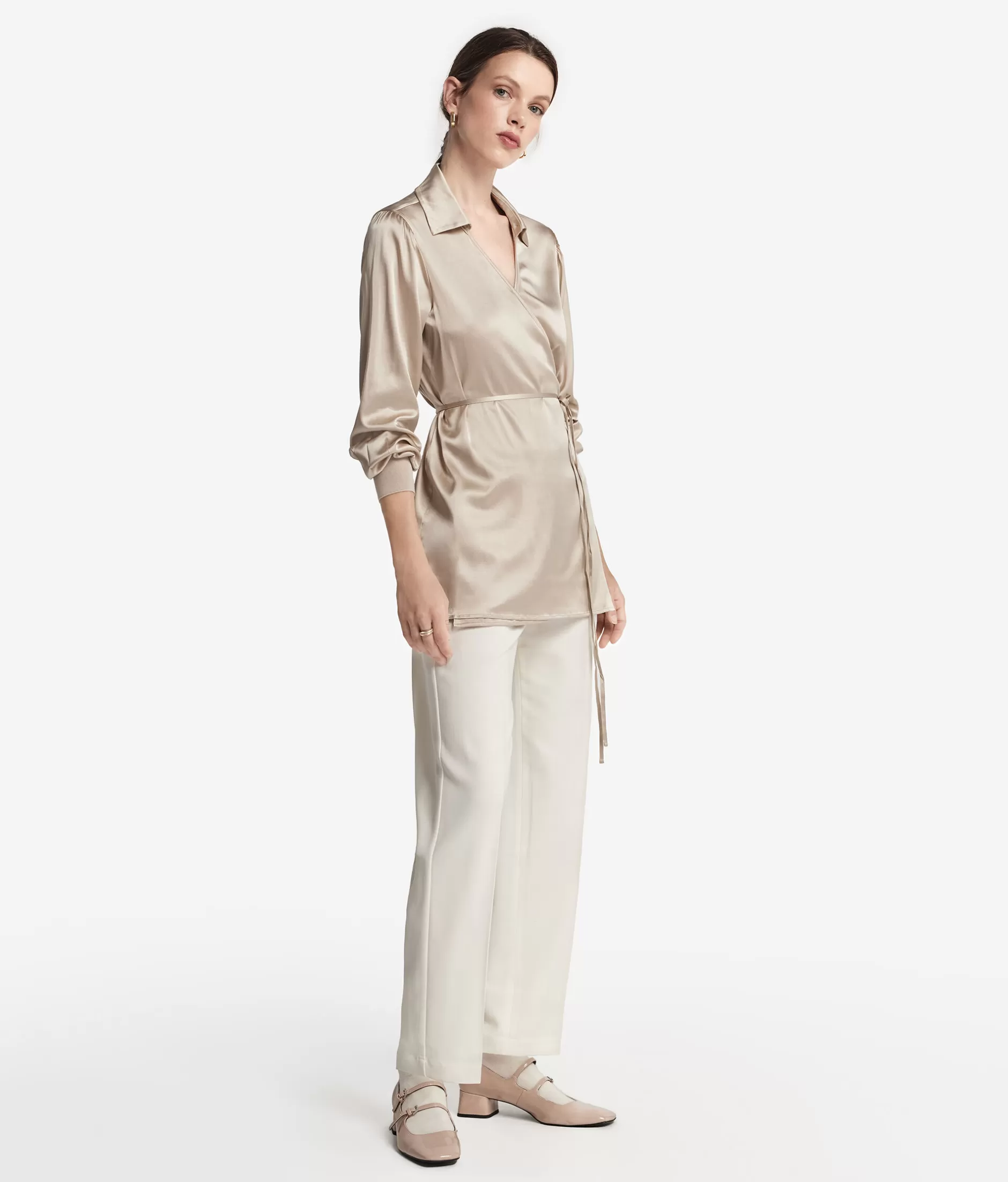 Clearance Falconeri Silk Satin Blouse With Knit Cotton Cuffs natural -8378 - light mother of pearl gray