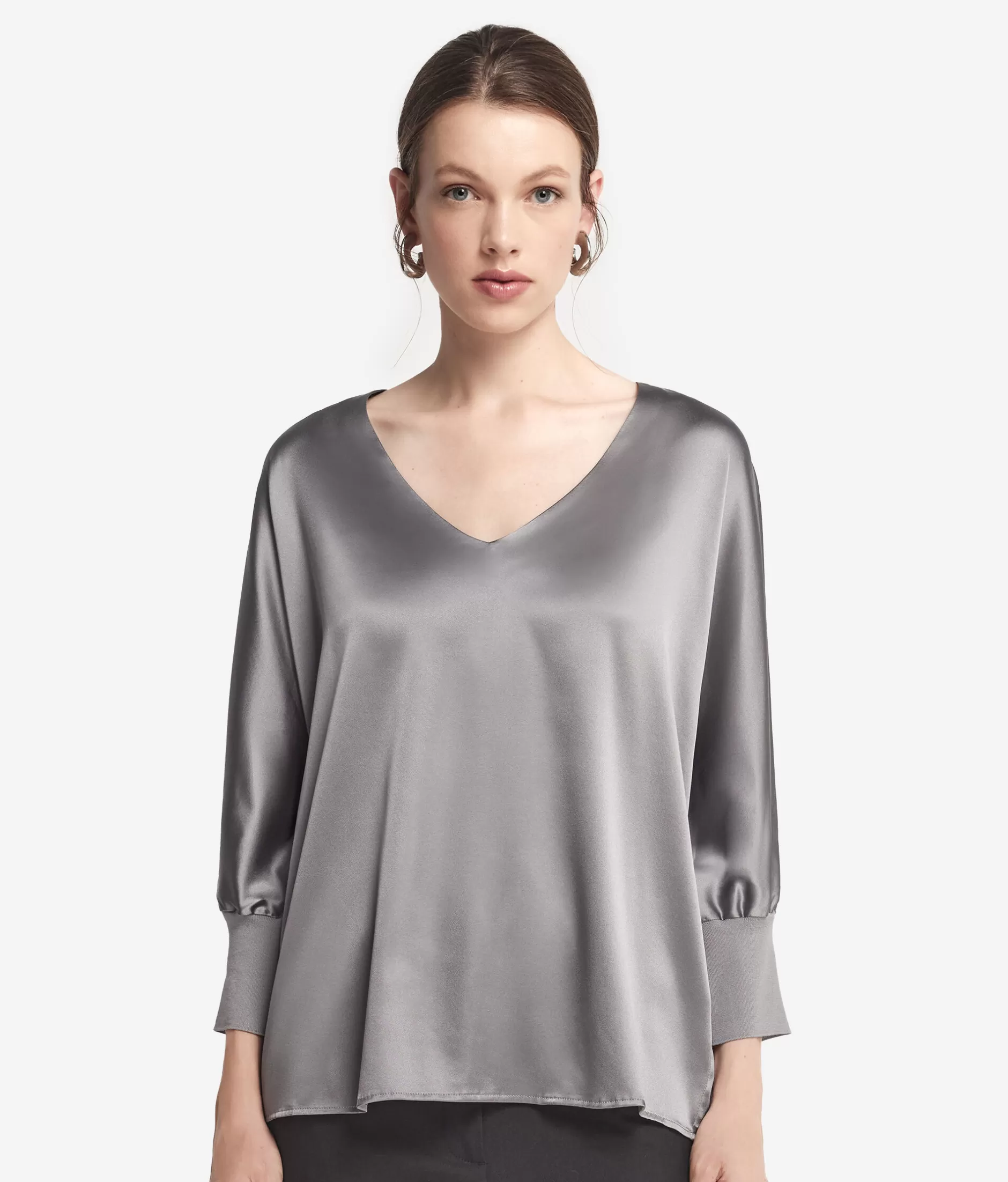 Fashion Falconeri Silk V-Neck Blouse grey -9077 - pearl grey