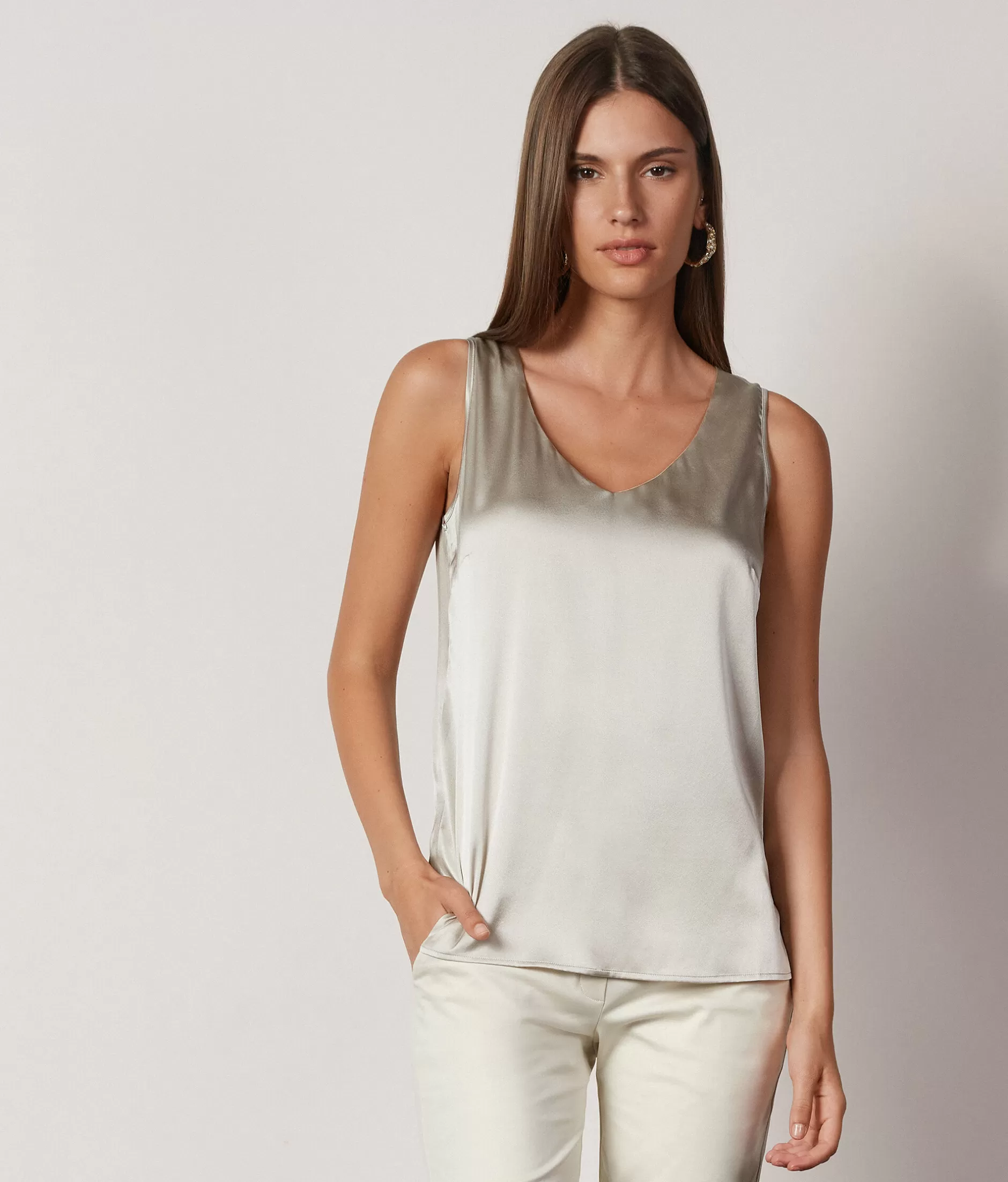 New Falconeri Silk V-Neck Tank Top white -8356 - alabaster beige