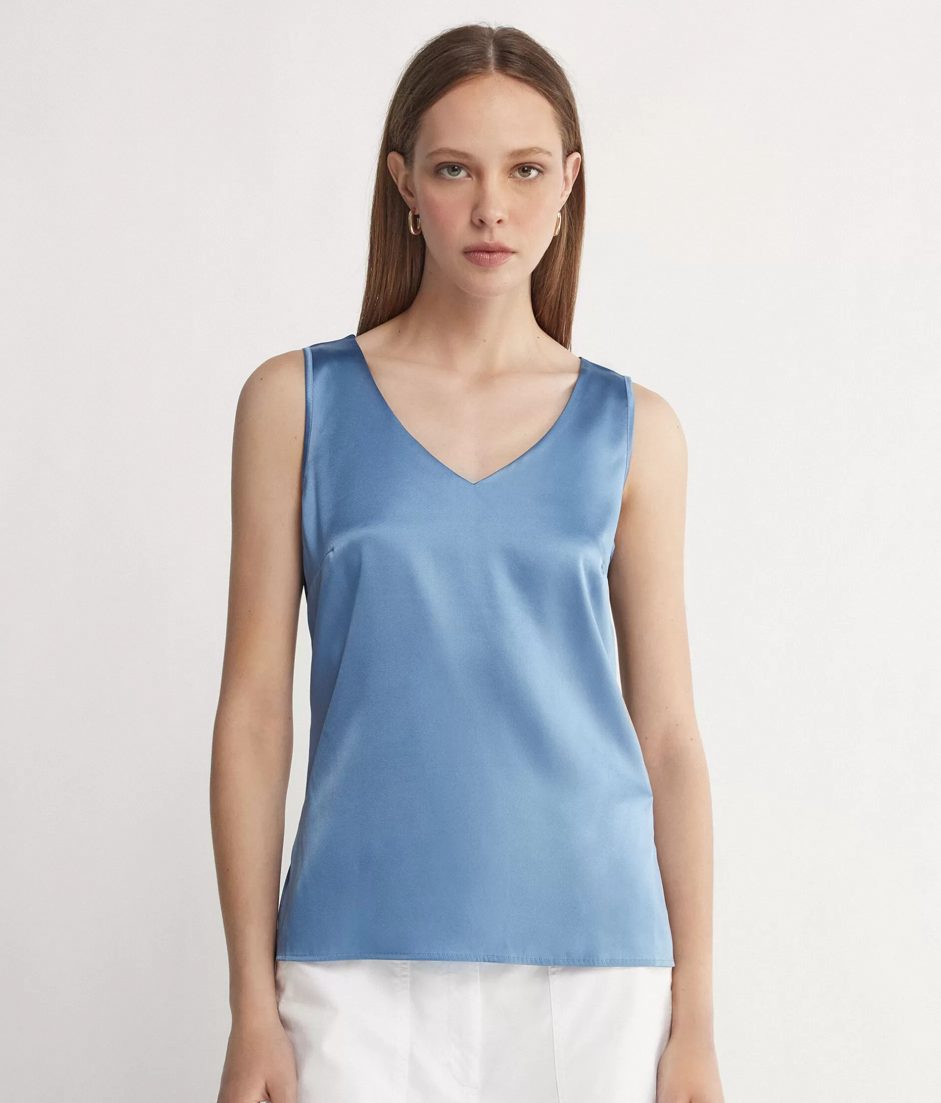 New Falconeri Silk V-Neck Tank Top light blue -9008 - light sky blue