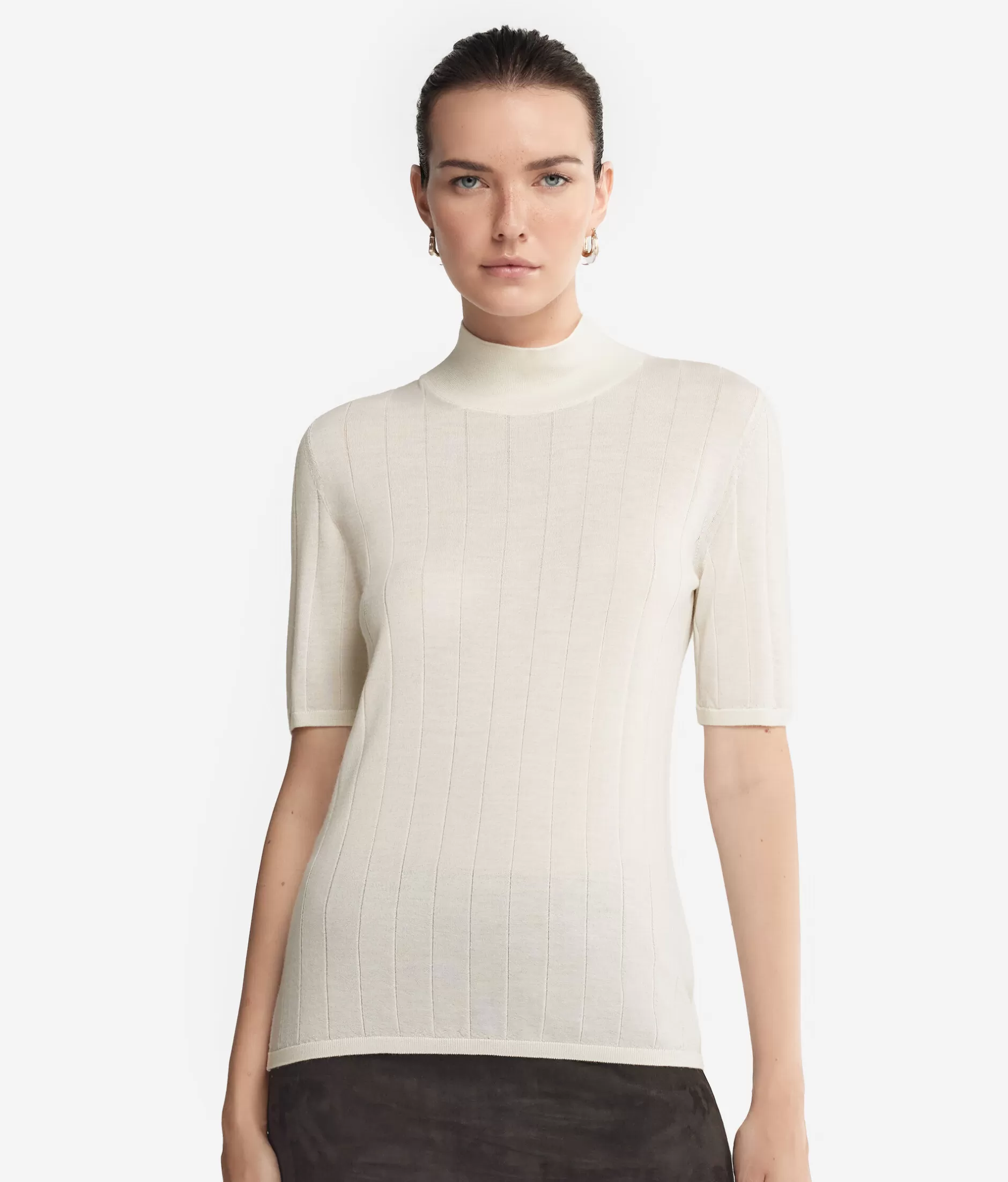 Discount Falconeri Ultrafine Cashmere Broad Ribbed Short-Sleeved Mock Sweater. white -8005 - bow