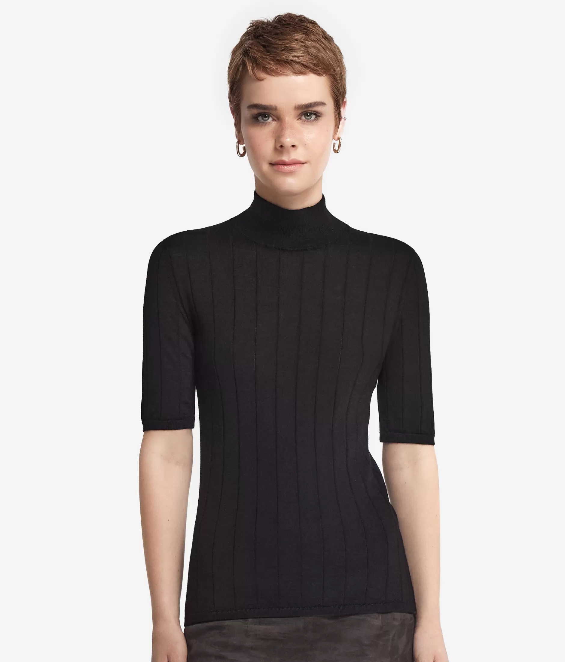 Fashion Falconeri Ultrafine Cashmere Broad Ribbed Short-Sleeved Mock Sweater. black -9107 - black