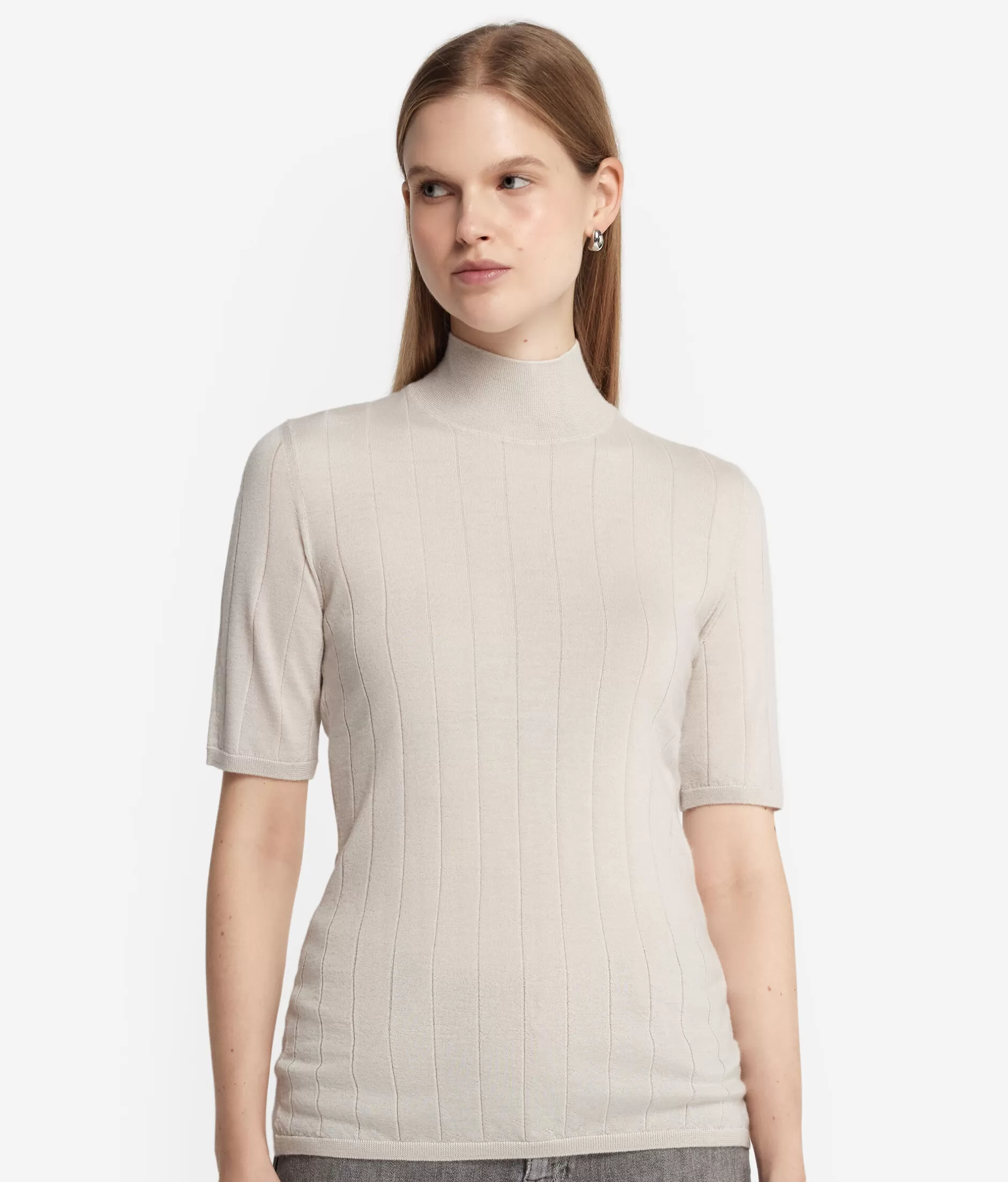 Sale Falconeri Ultrafine Cashmere Broad Ribbed Short-Sleeved Mock Sweater. ivory -8644 - light alabaster