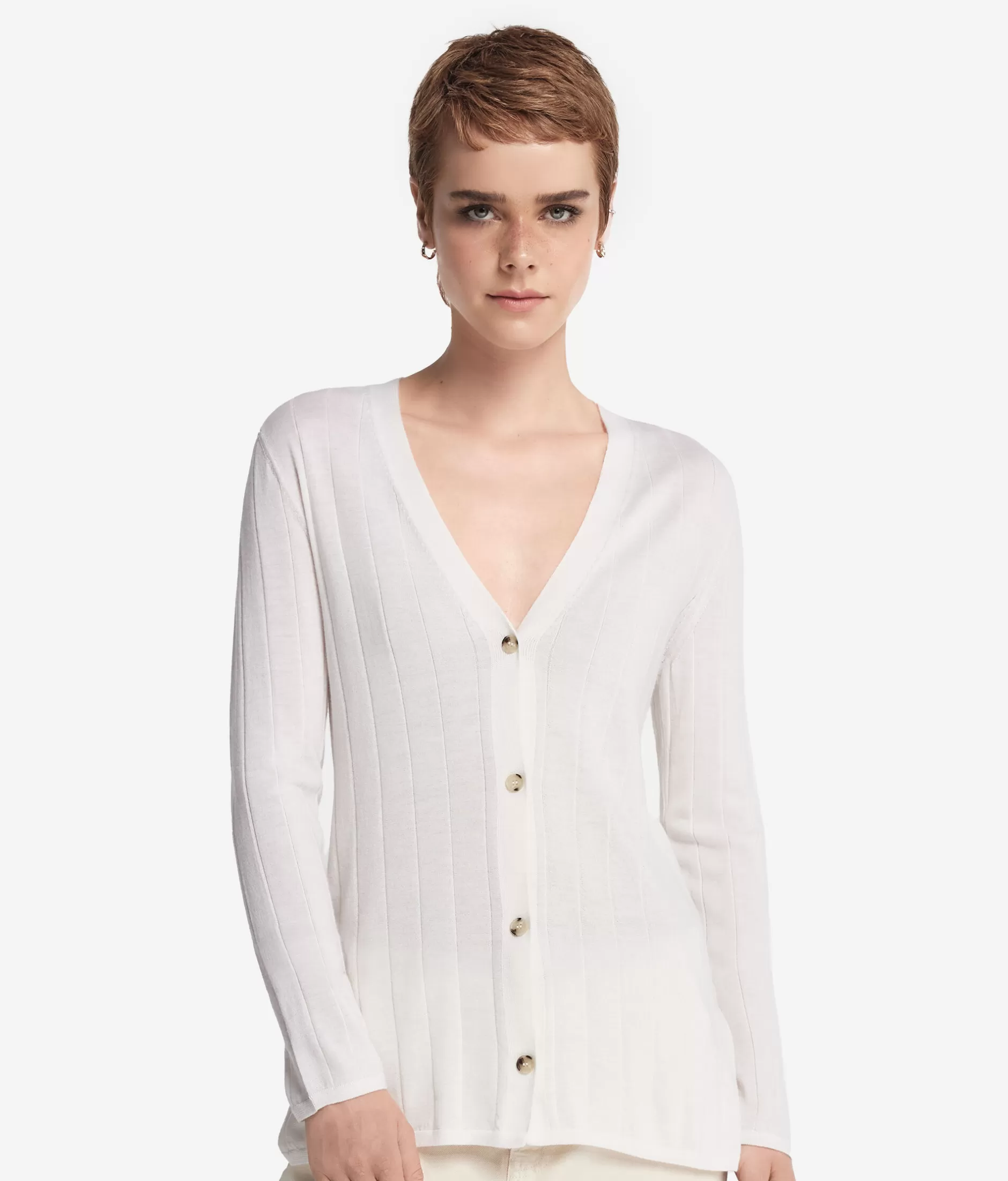 Store Falconeri Ultrafine Cashmere Broad Ribbed V-Neck Cardigan white -8005 - bow