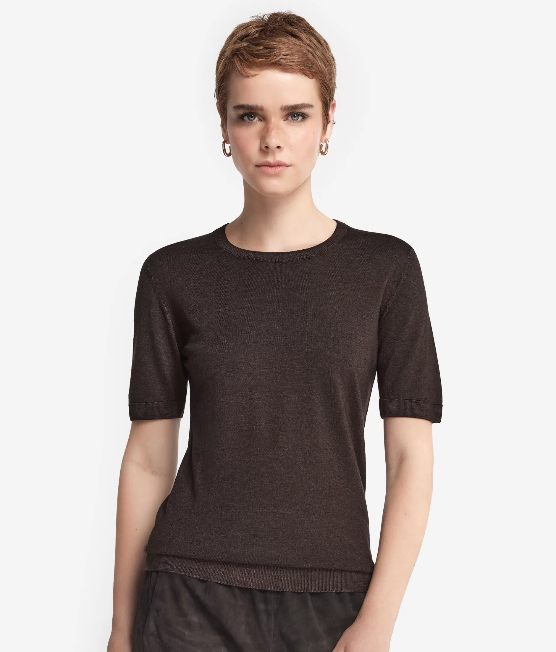 Online Falconeri Ultrafine Cashmere Crewneck Sweater With Short Sleeves brown -9064 - garment-dyed chocolate