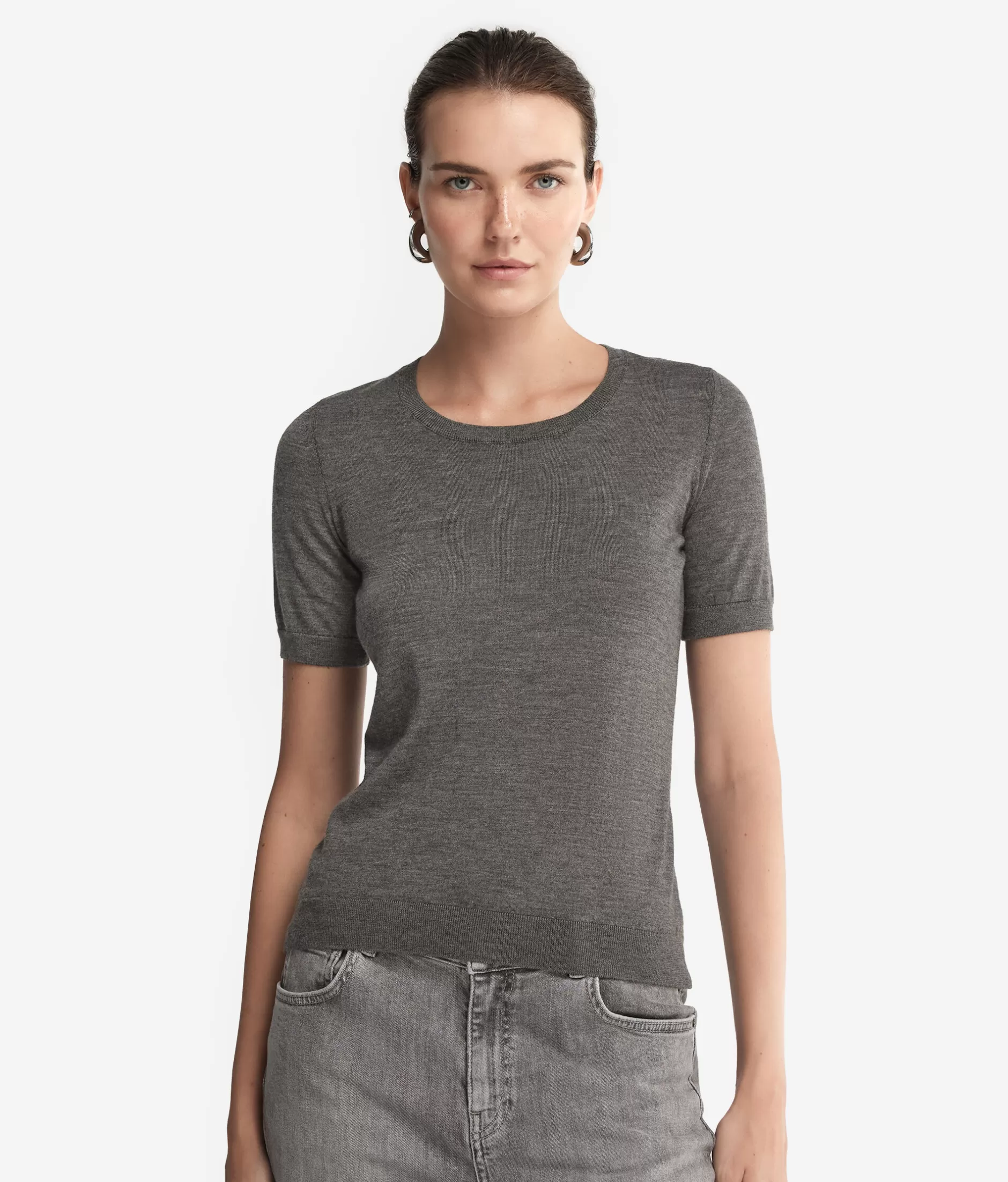 Store Falconeri Ultrafine Cashmere Crewneck Sweater With Short Sleeves grey -9108 - dark grey melange