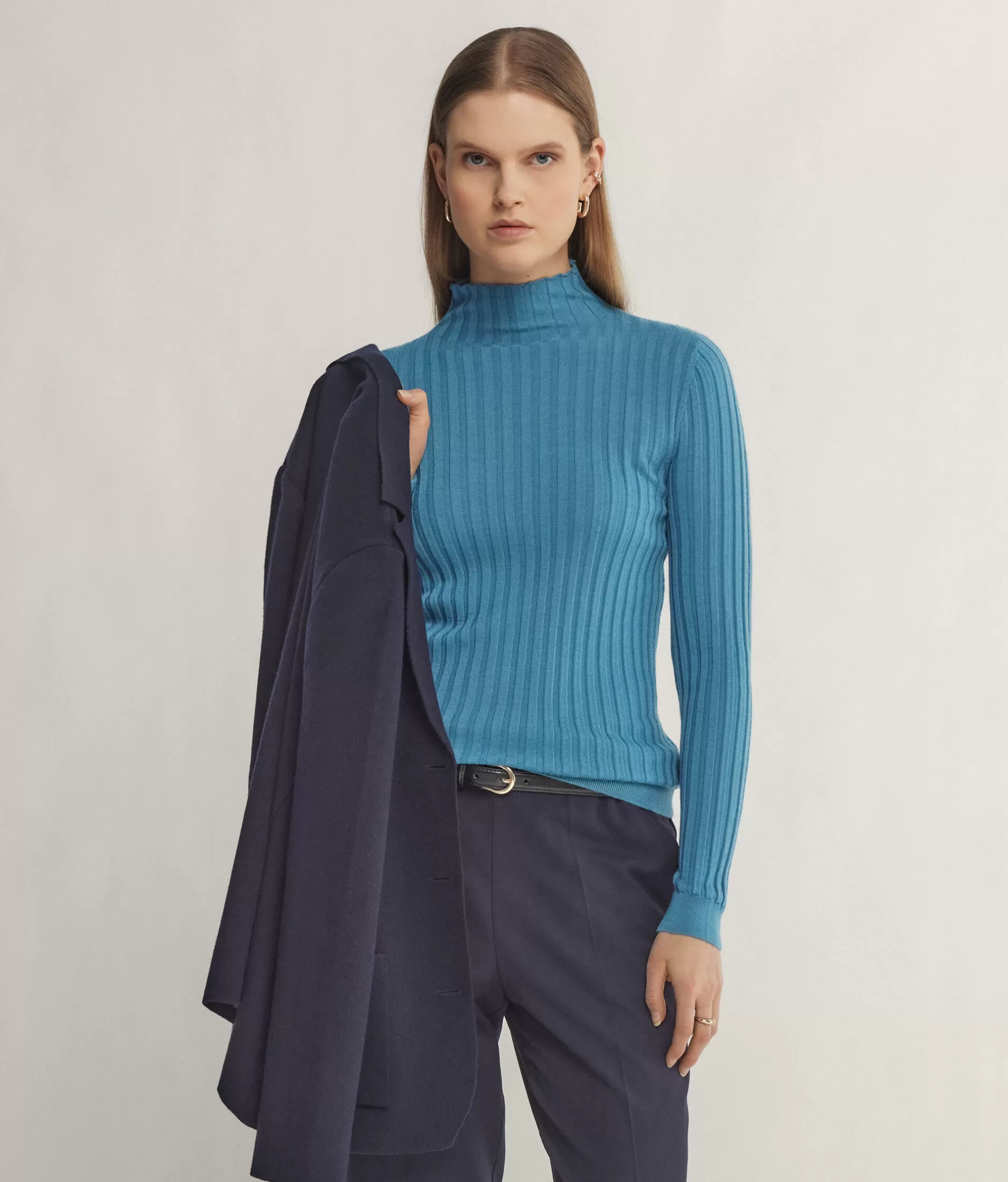 Outlet Falconeri Ultrafine Cashmere Flat Rib Turtleneck light blue -8914 - ocean