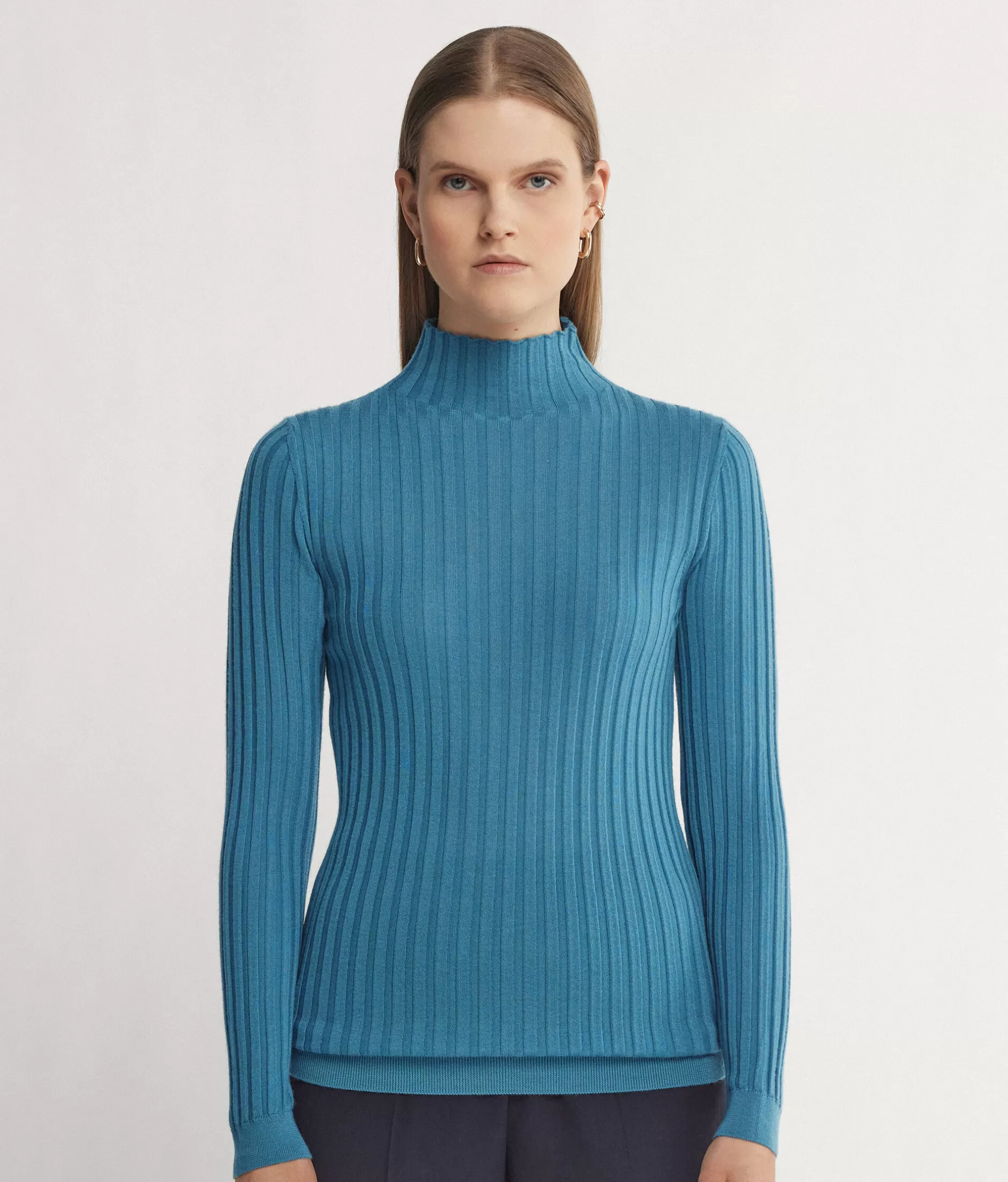 Outlet Falconeri Ultrafine Cashmere Flat Rib Turtleneck light blue -8914 - ocean