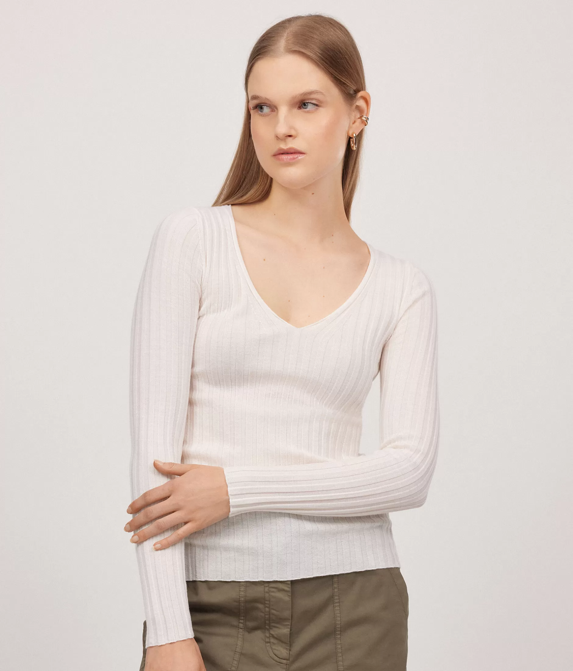 Best Falconeri Ultrafine Cashmere Ribbed V-Neck Sweater white -8005 - bow