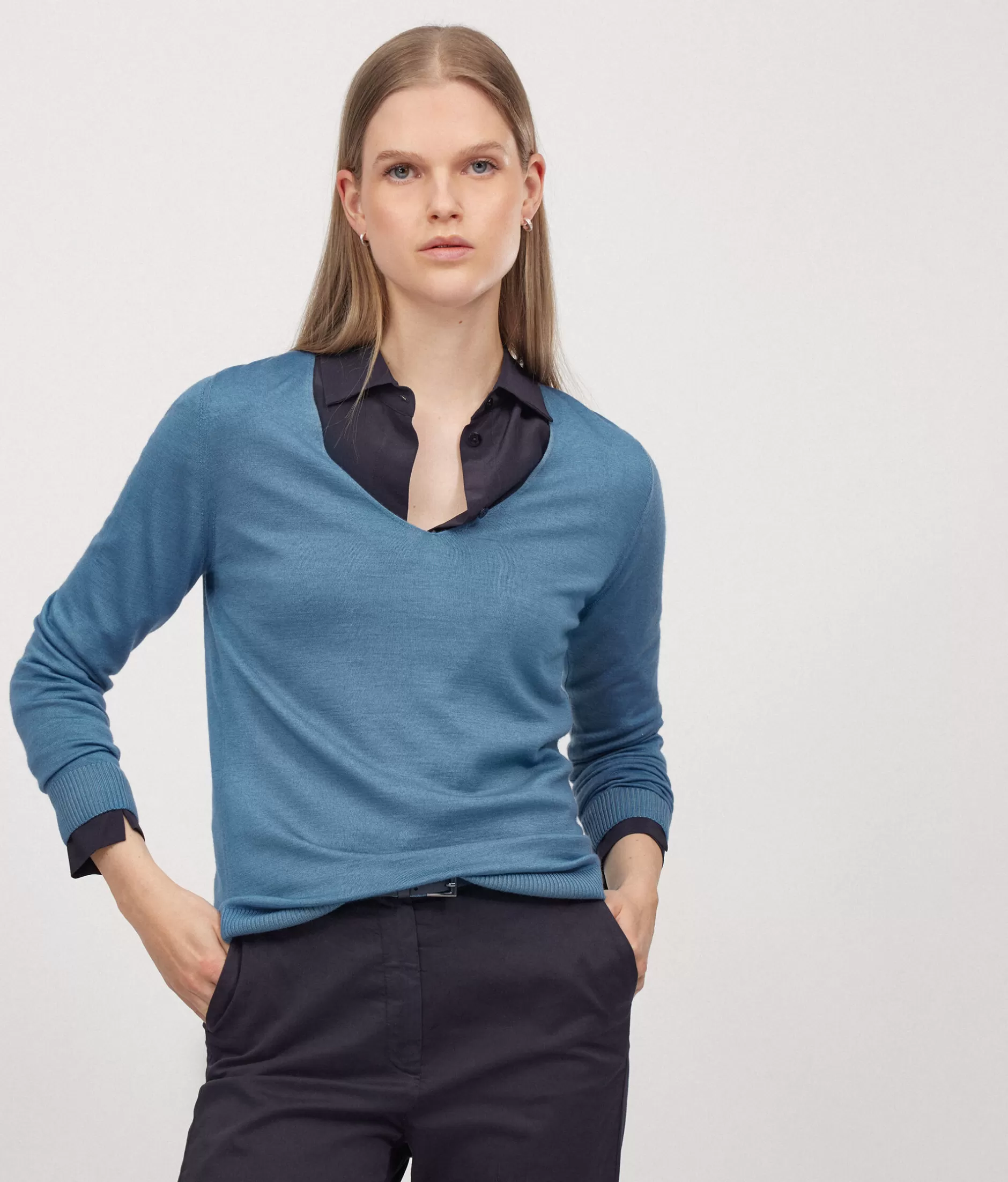 Shop Falconeri Ultrafine Cashmere V-Neck Sweater light blue -8982 - garment-dyed sky blue