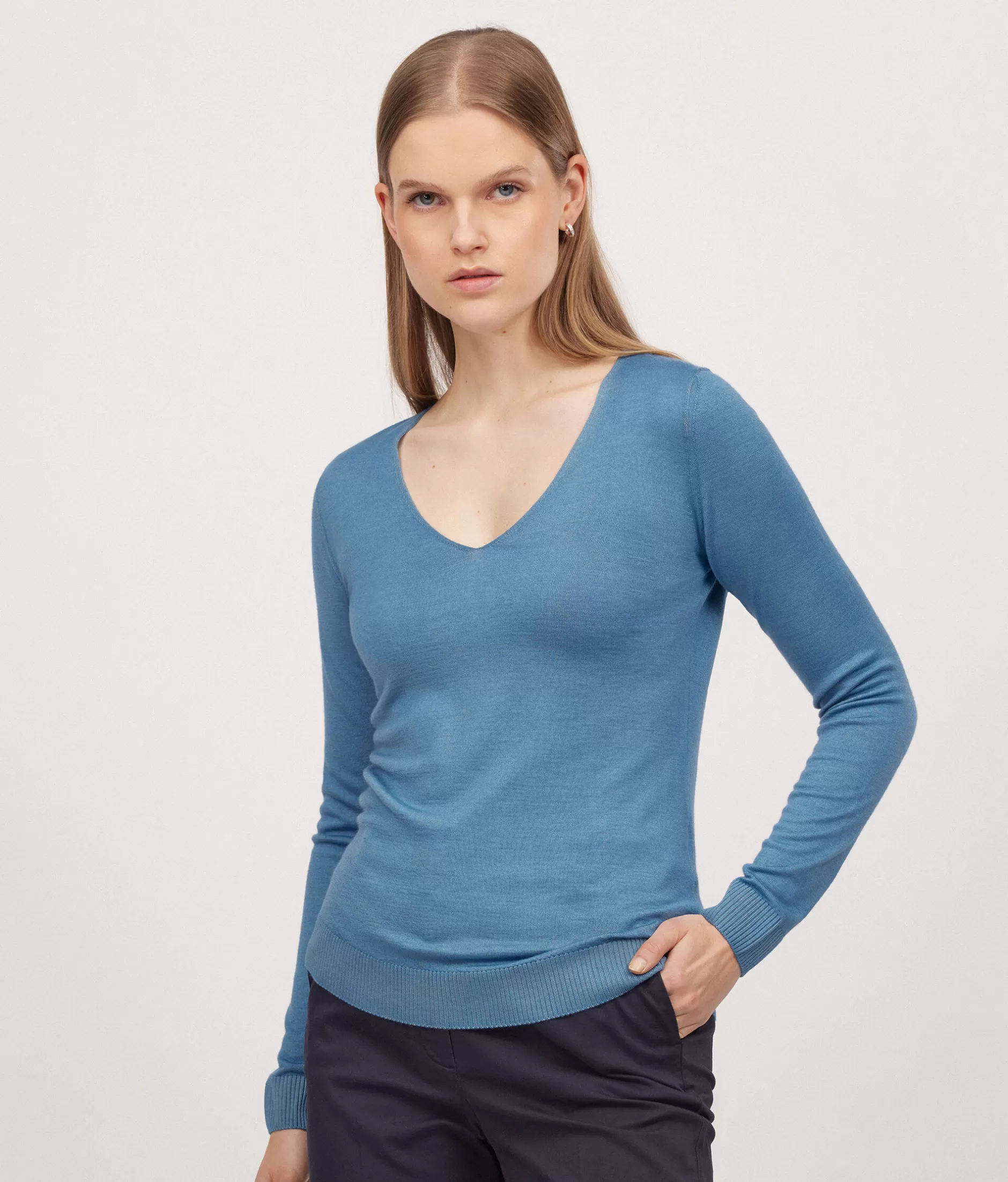 Shop Falconeri Ultrafine Cashmere V-Neck Sweater light blue -8982 - garment-dyed sky blue