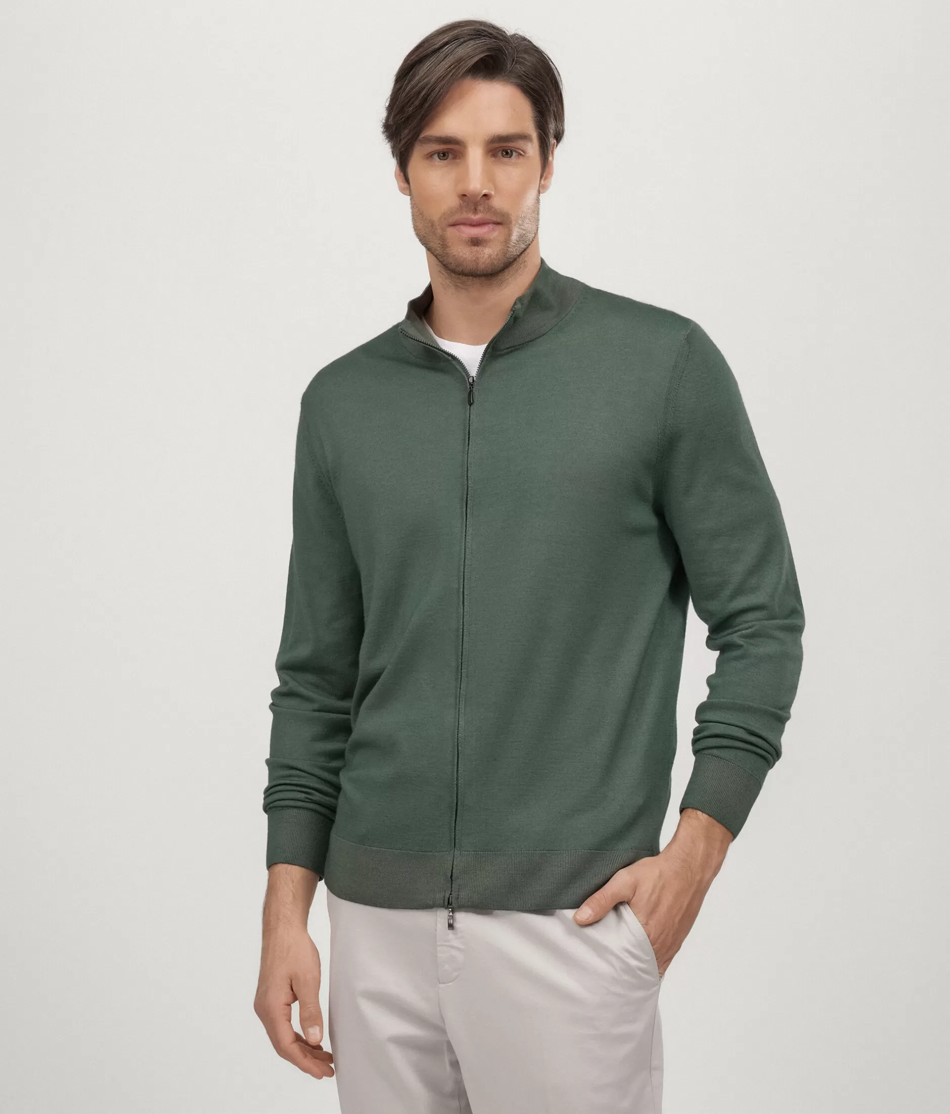 Discount Falconeri Ultrafine Cashmere Zipped Cardigan green -8977 - garment-dyed laurel green