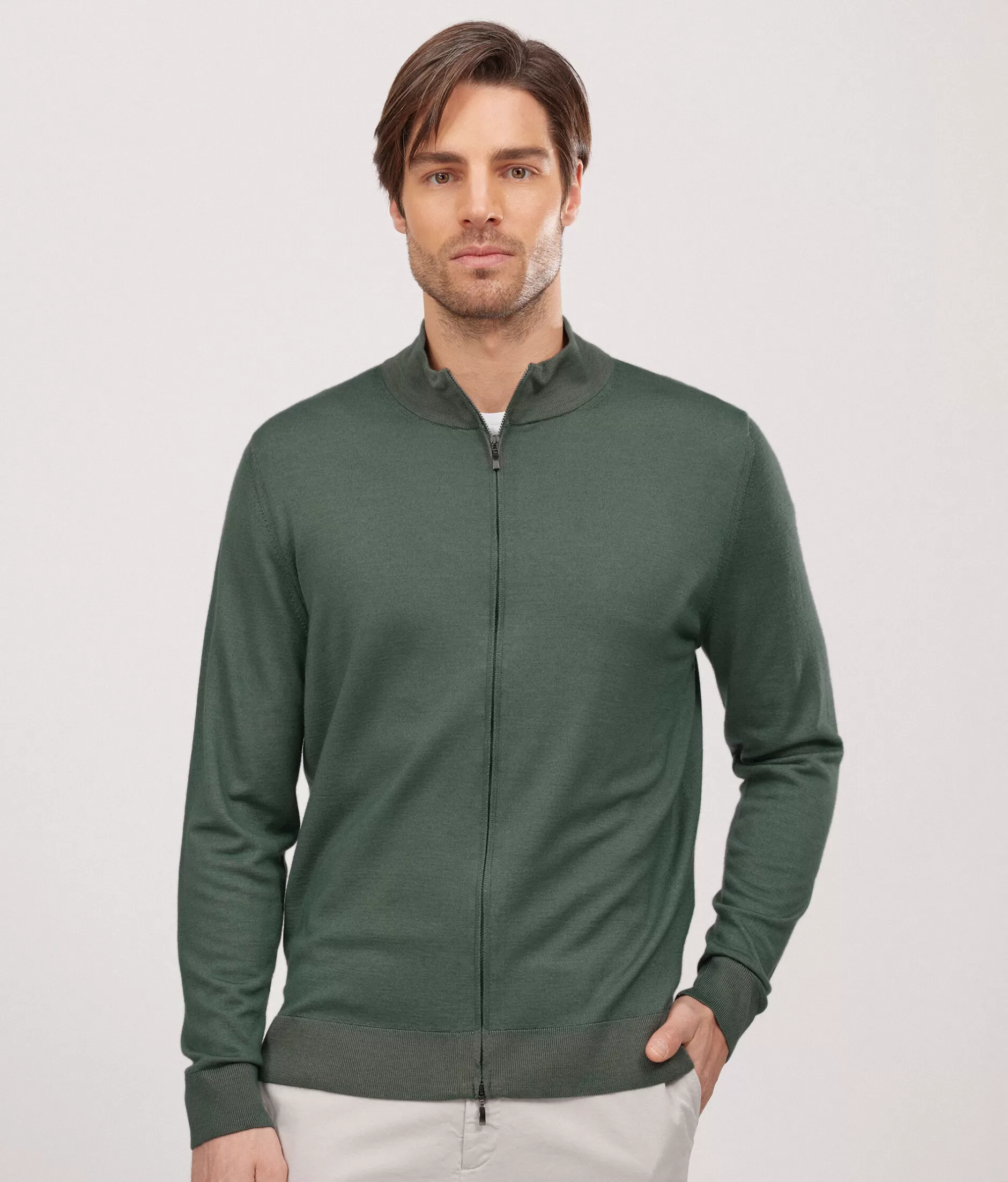 Discount Falconeri Ultrafine Cashmere Zipped Cardigan green -8977 - garment-dyed laurel green