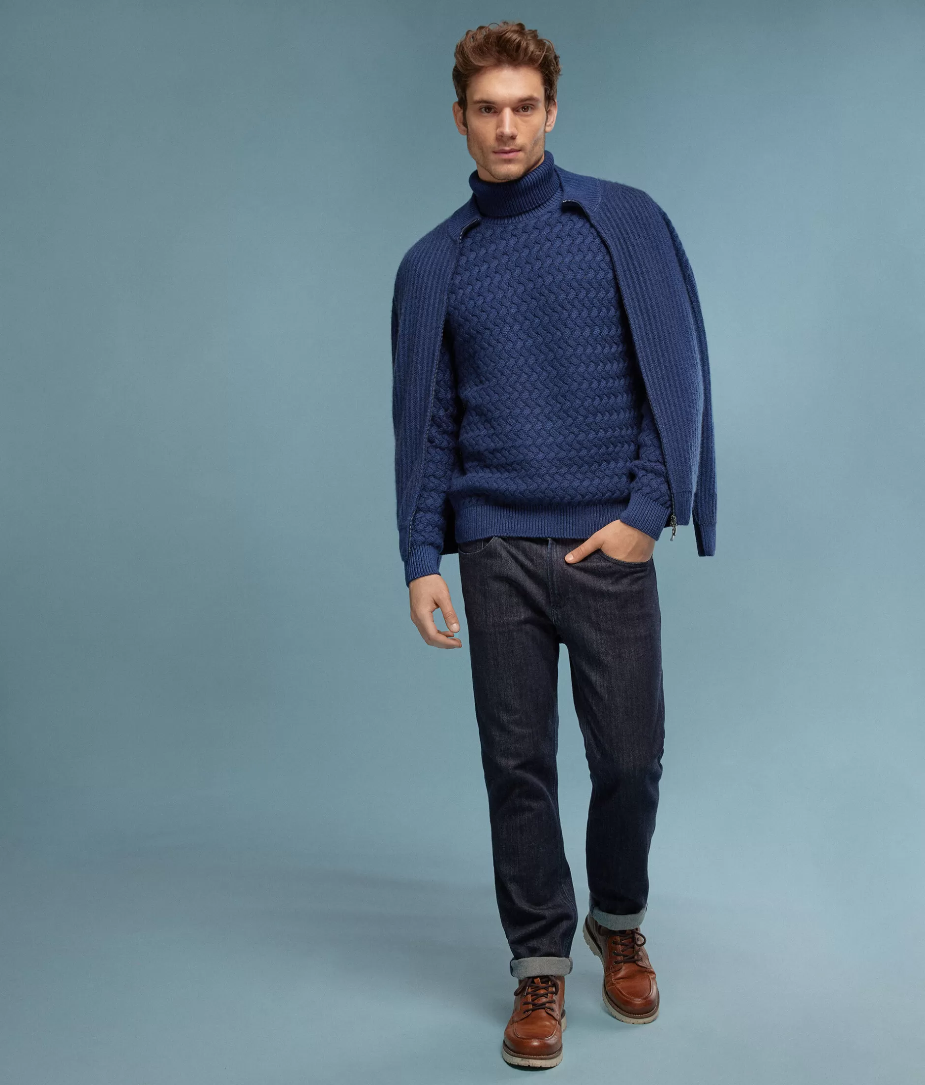 New Falconeri Ultrasoft Cashmere Braided Turtleneck Sweater blue -8951 - garment-dyed indigo