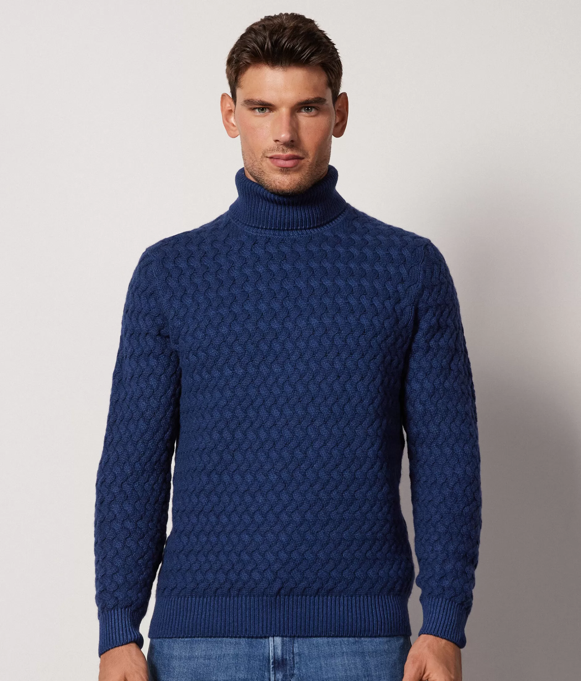 New Falconeri Ultrasoft Cashmere Braided Turtleneck Sweater blue -8951 - garment-dyed indigo