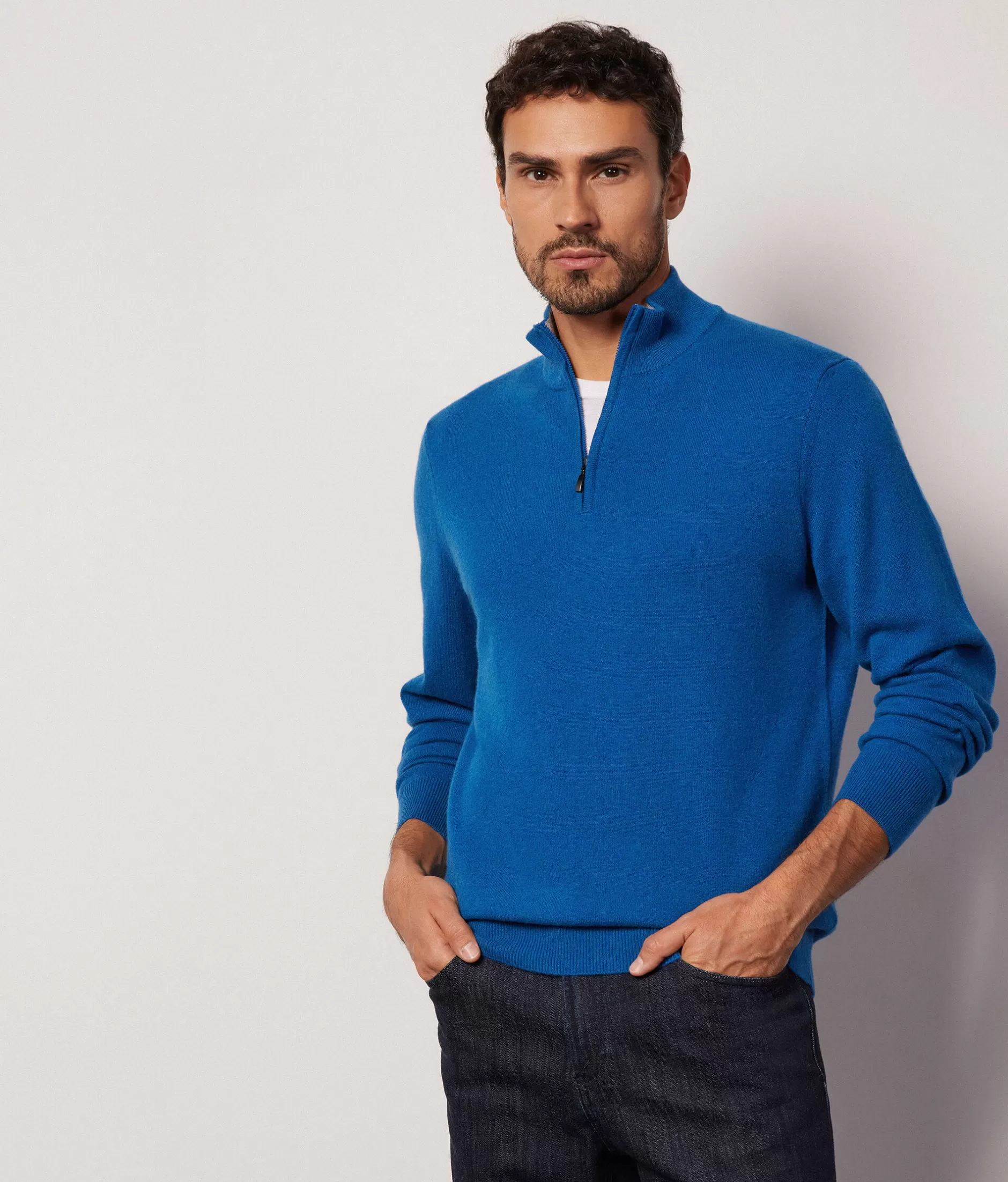 Best Falconeri Ultrasoft Cashmere High Collar, Half Zipper Sweater blue -8946 - gentian