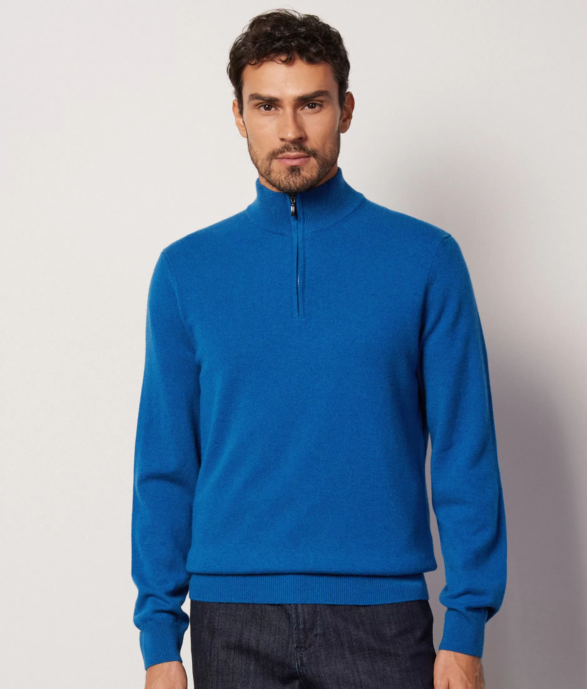 Best Falconeri Ultrasoft Cashmere High Collar, Half Zipper Sweater blue -8946 - gentian