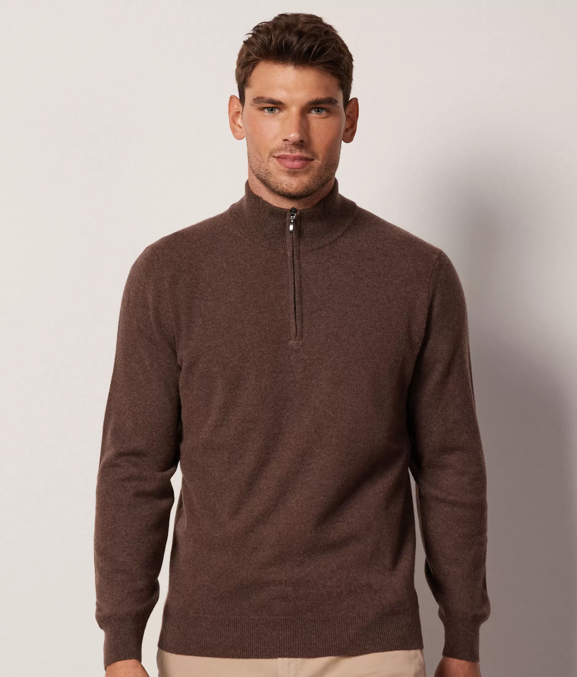 Best Falconeri Ultrasoft Cashmere High Collar, Half Zipper Sweater brown -8956 - cocoa brown