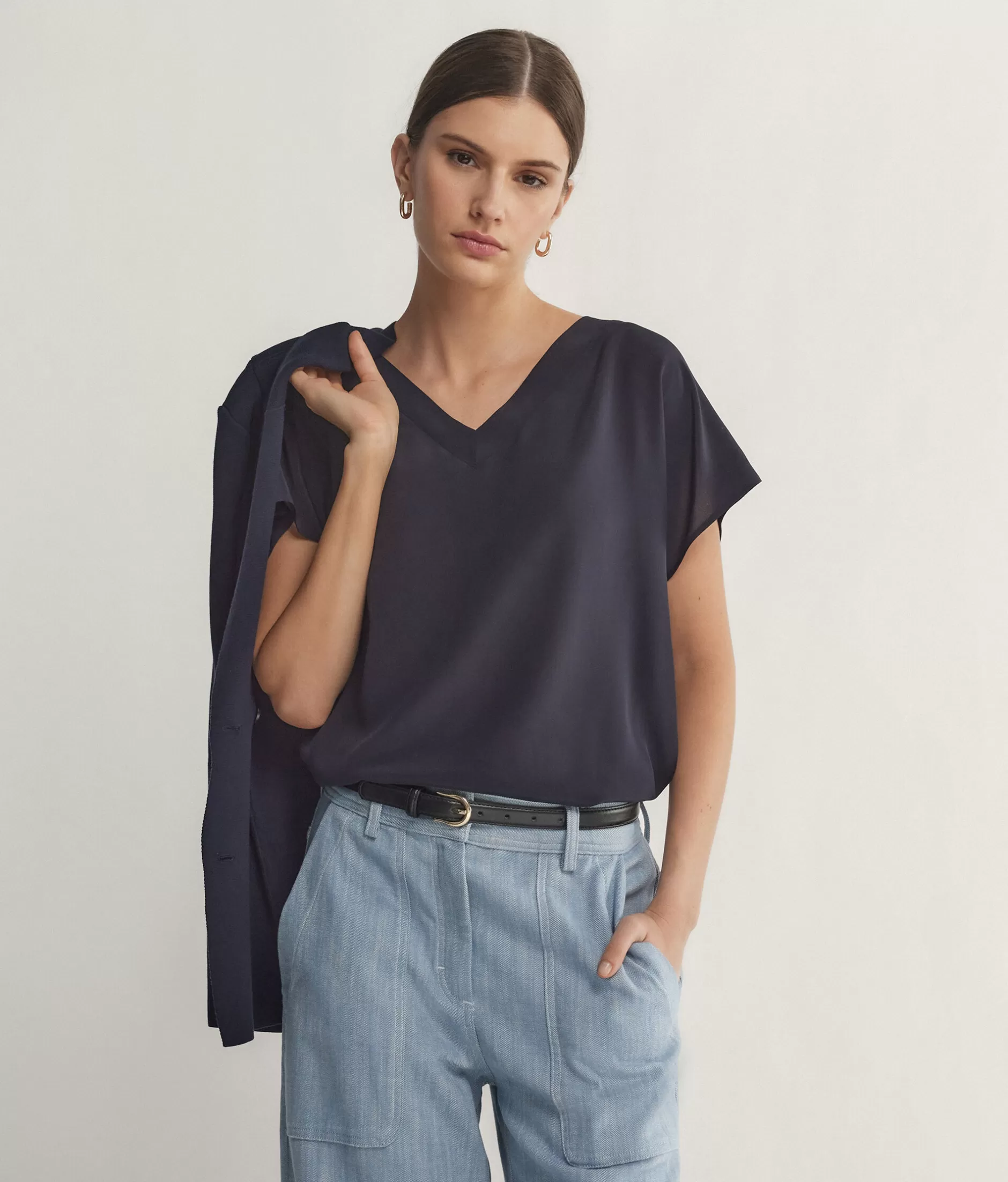 Discount Falconeri V-Neck Silk Kimono T-Shirt blue -9400 - navy blue